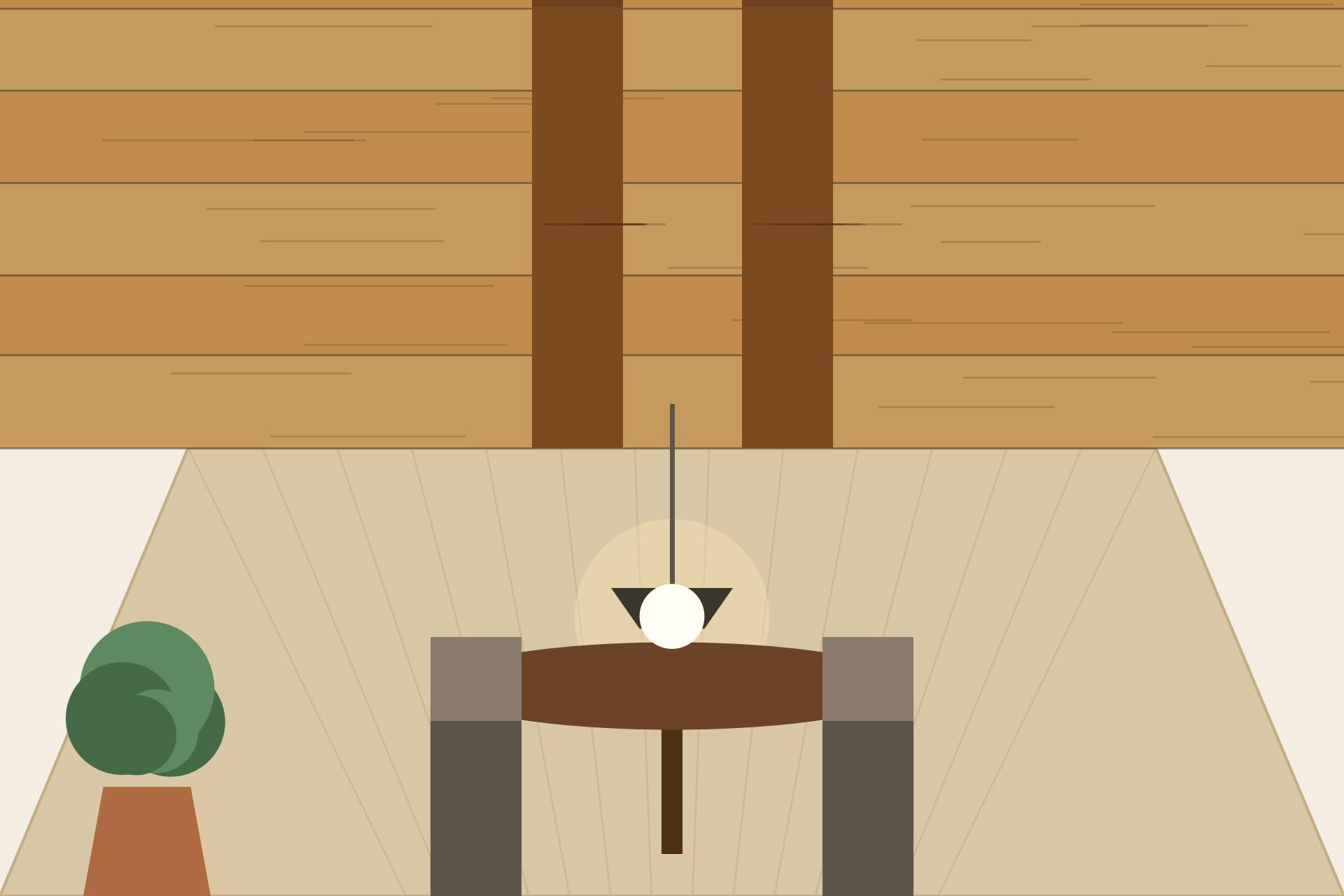 Concept render of an Indian dining room with wooden beam accents on the ceiling above the dining table