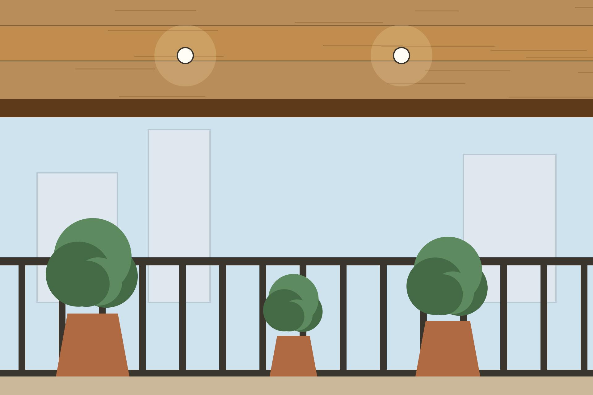 Concept render of a covered Indian balcony with a wood-plastic composite ceiling in wood tones and potted plants