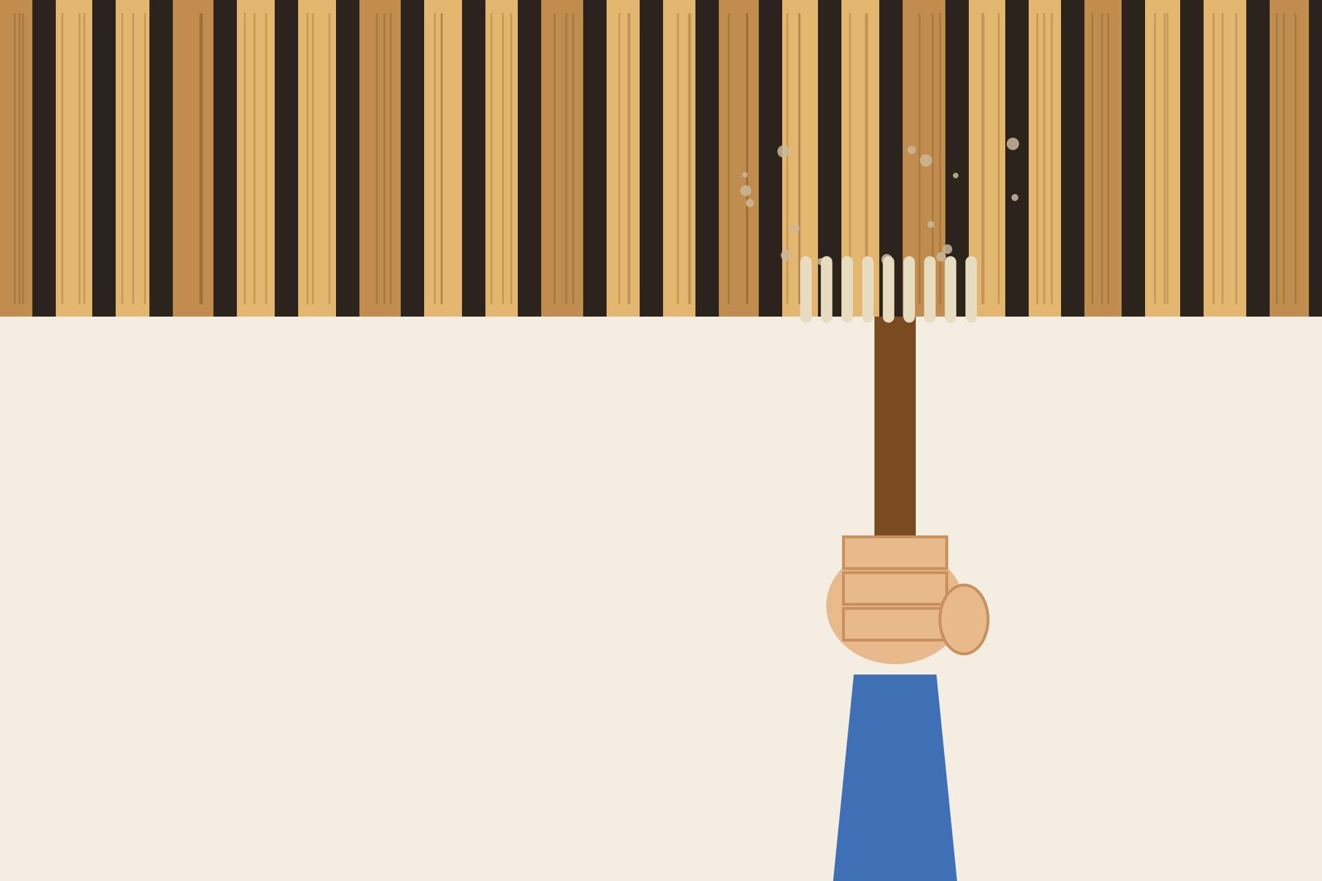 Concept render illustration of a hand dusting wooden ceiling slats with a soft brush
