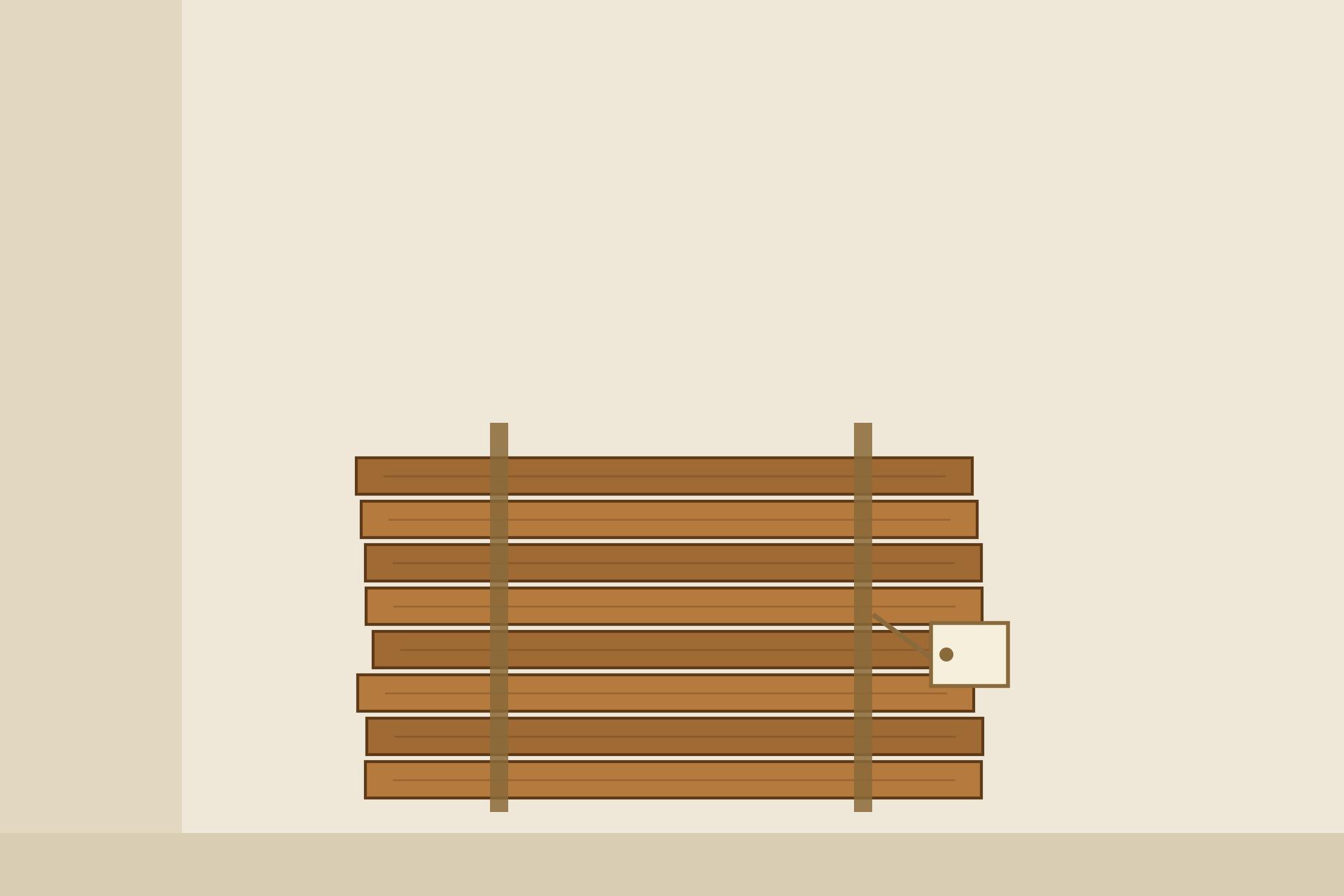 Concept render illustration of spare wooden ceiling planks from the same batch stacked and labelled for future repairs