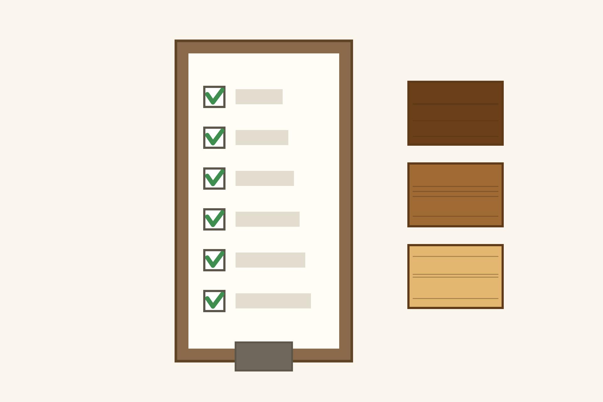 Concept render illustration of a wooden false ceiling buyer checklist on a clipboard with wood samples