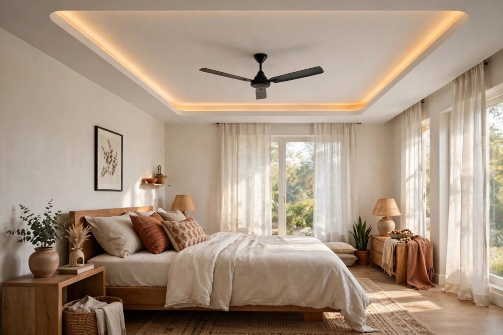 Bedroom with a gypsum tray false ceiling and a ceiling fan at the centre, warm cove light along the tray edge