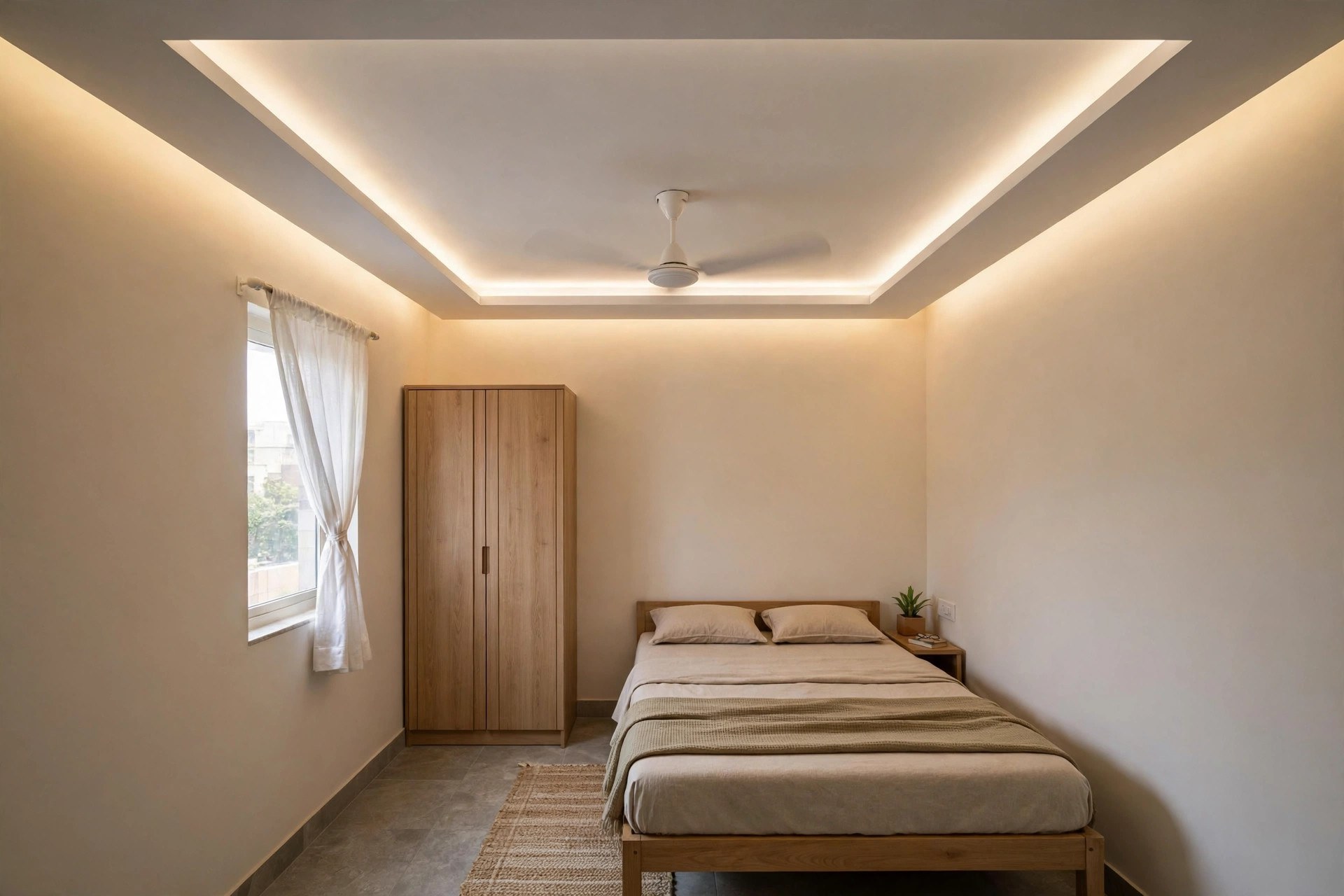 Small bedroom with a POP border false ceiling along the edges and a ceiling fan mounted at the centre on the original slab