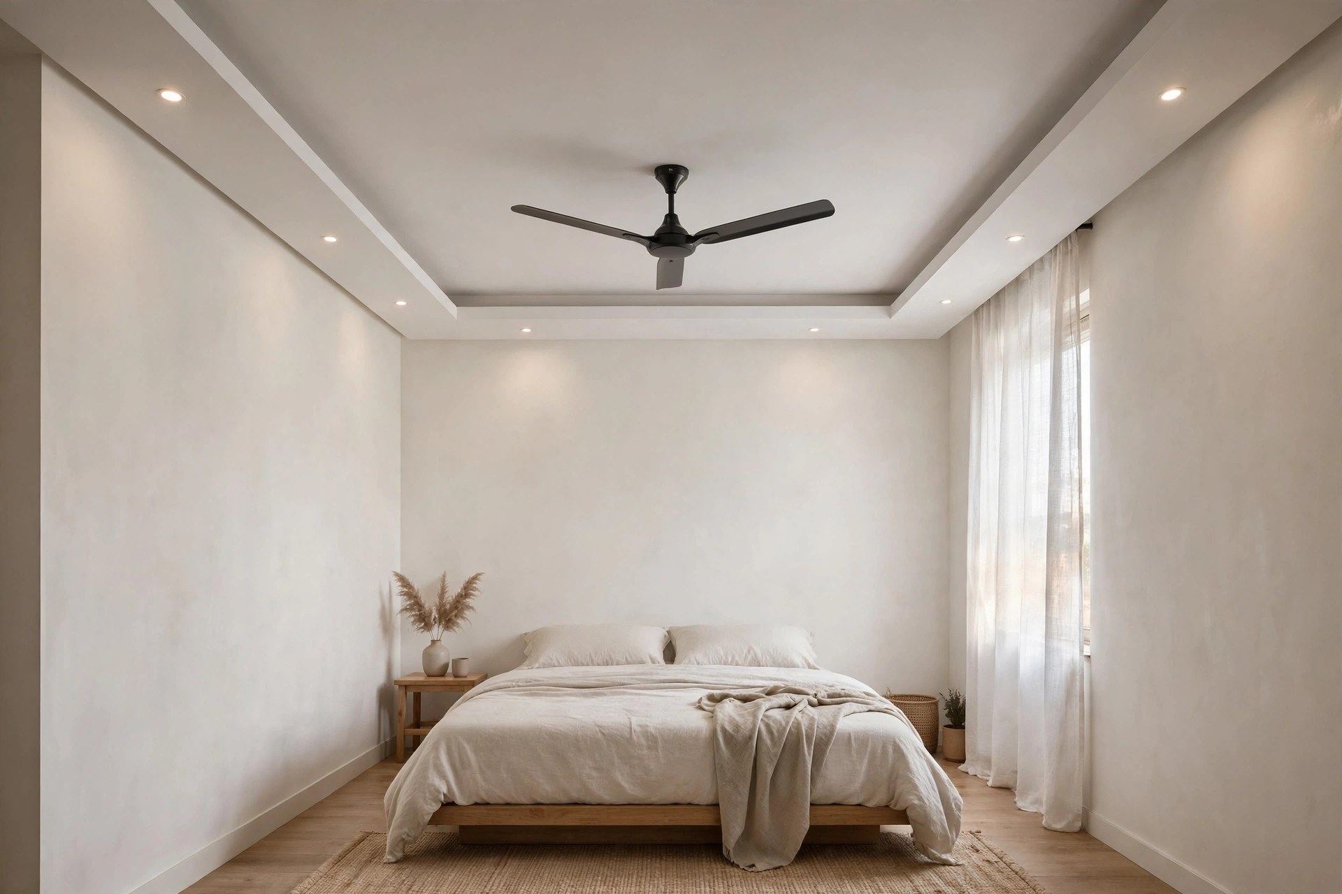 Bedroom with a shallow single-layer gypsum tray ceiling and a slim ceiling fan in the recess
