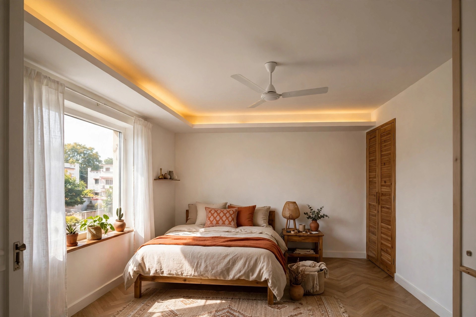Small bedroom with an L-shaped corner false ceiling leaving the centre open for a ceiling fan