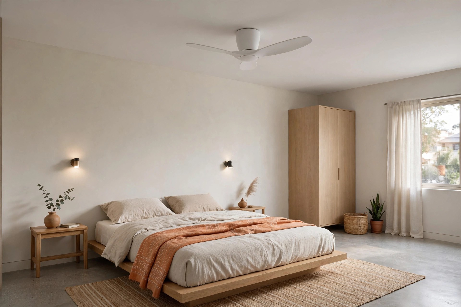 Bedroom with a flat gypsum false ceiling and a hugger-style fan mounted close to the surface