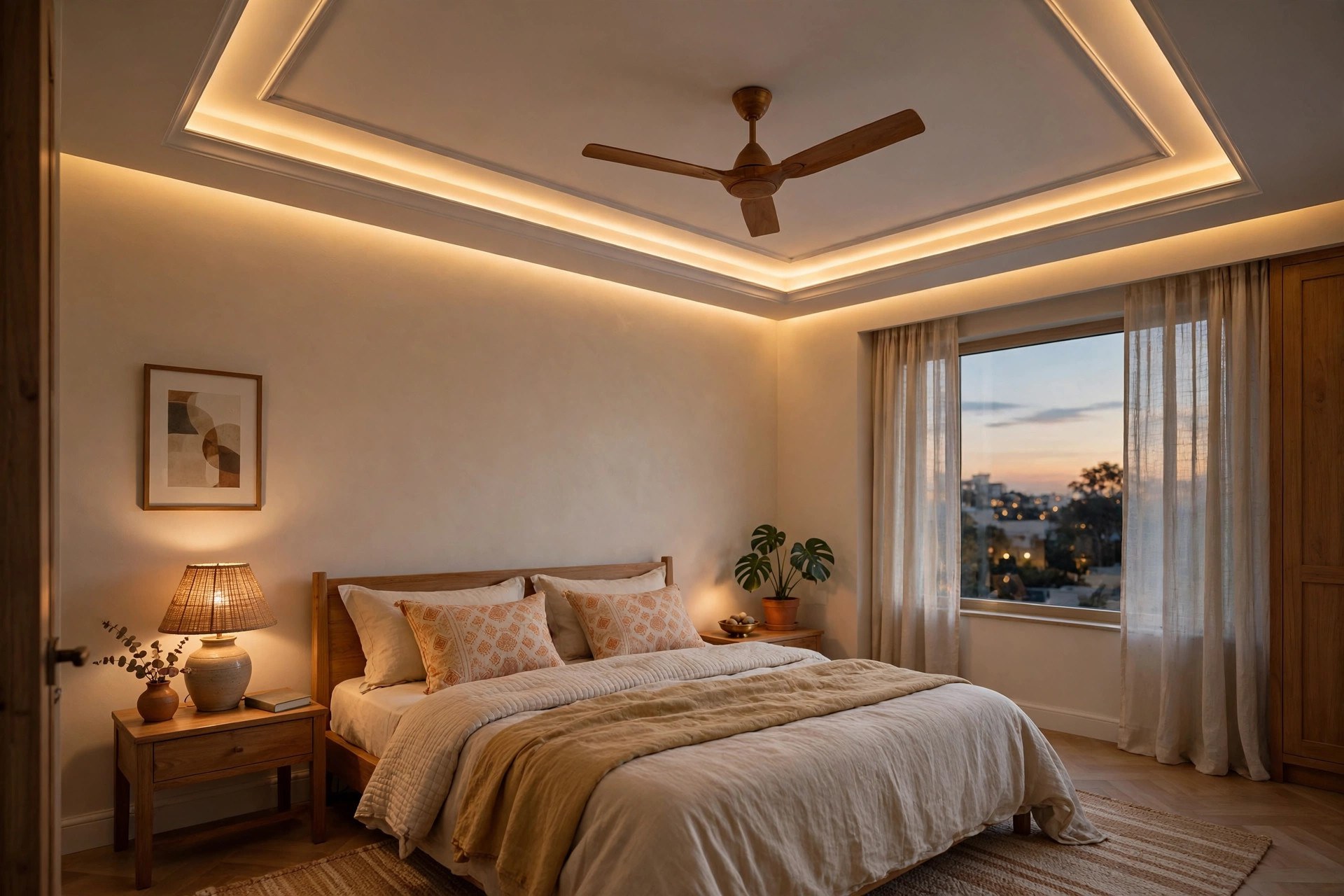 Bedroom with a thin POP border ceiling, warm cove lighting, and a ceiling fan at the centre