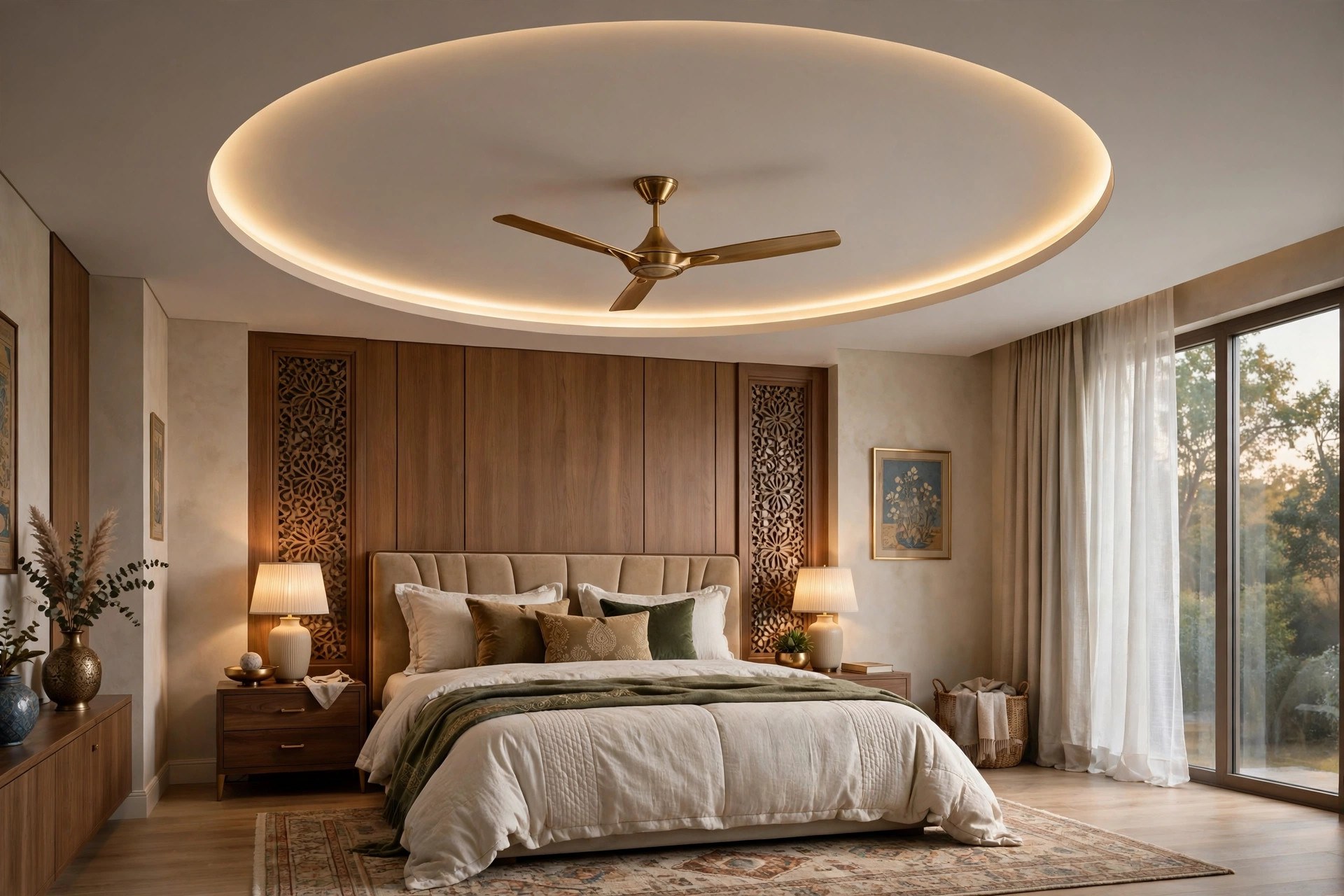 Master bedroom with a circular gypsum ceiling recess, halo LED edge, and a ceiling fan at the centre