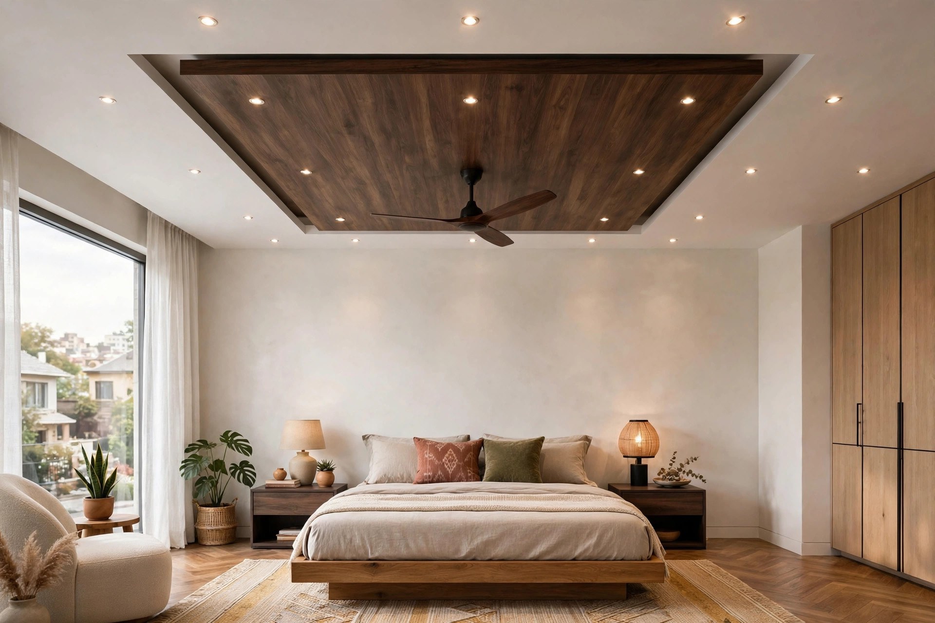 Bedroom with a floating rectangular island ceiling panel in wood finish holding a ceiling fan