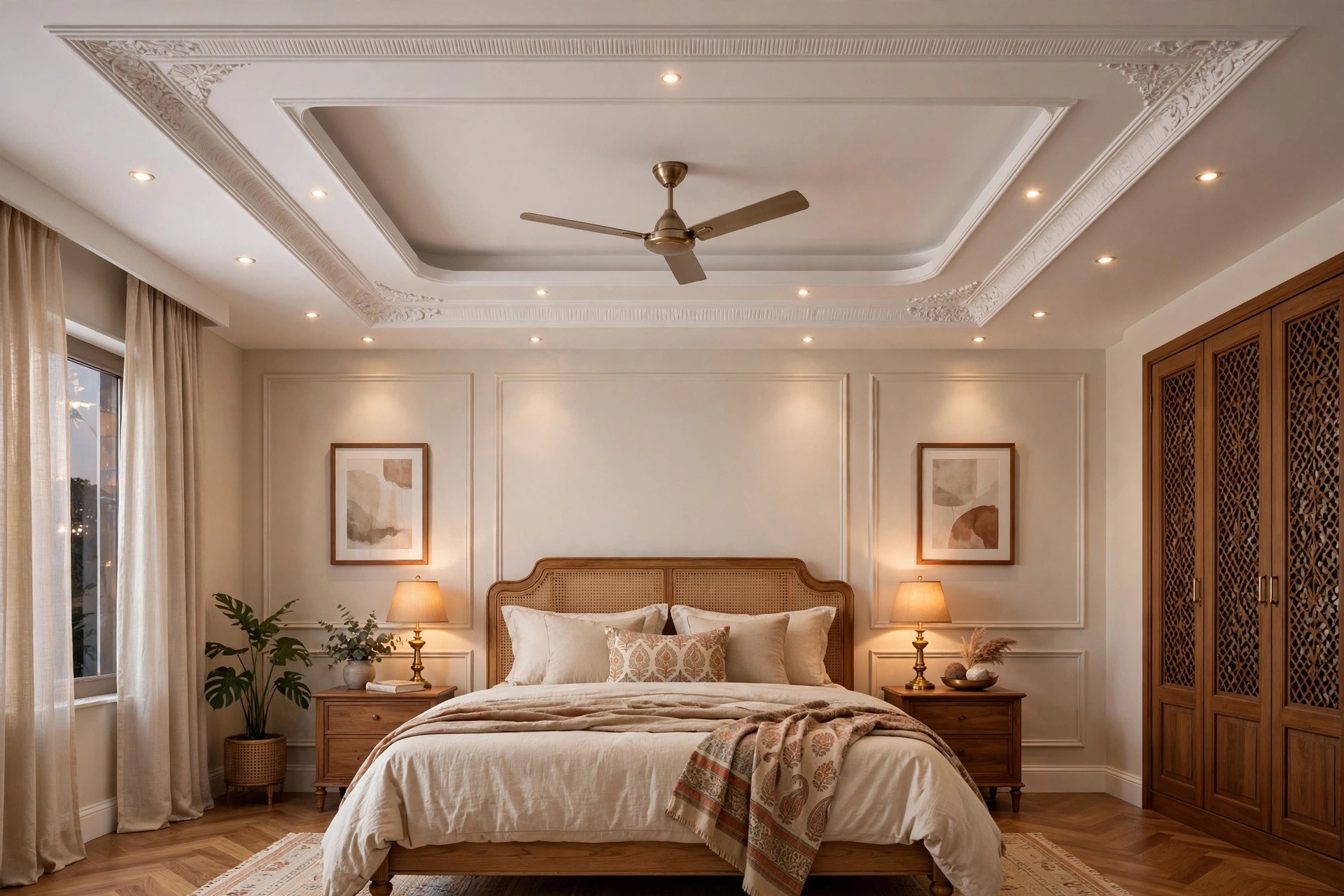 Master bedroom with a double-layer POP ceiling and a raised inner pocket holding the ceiling fan