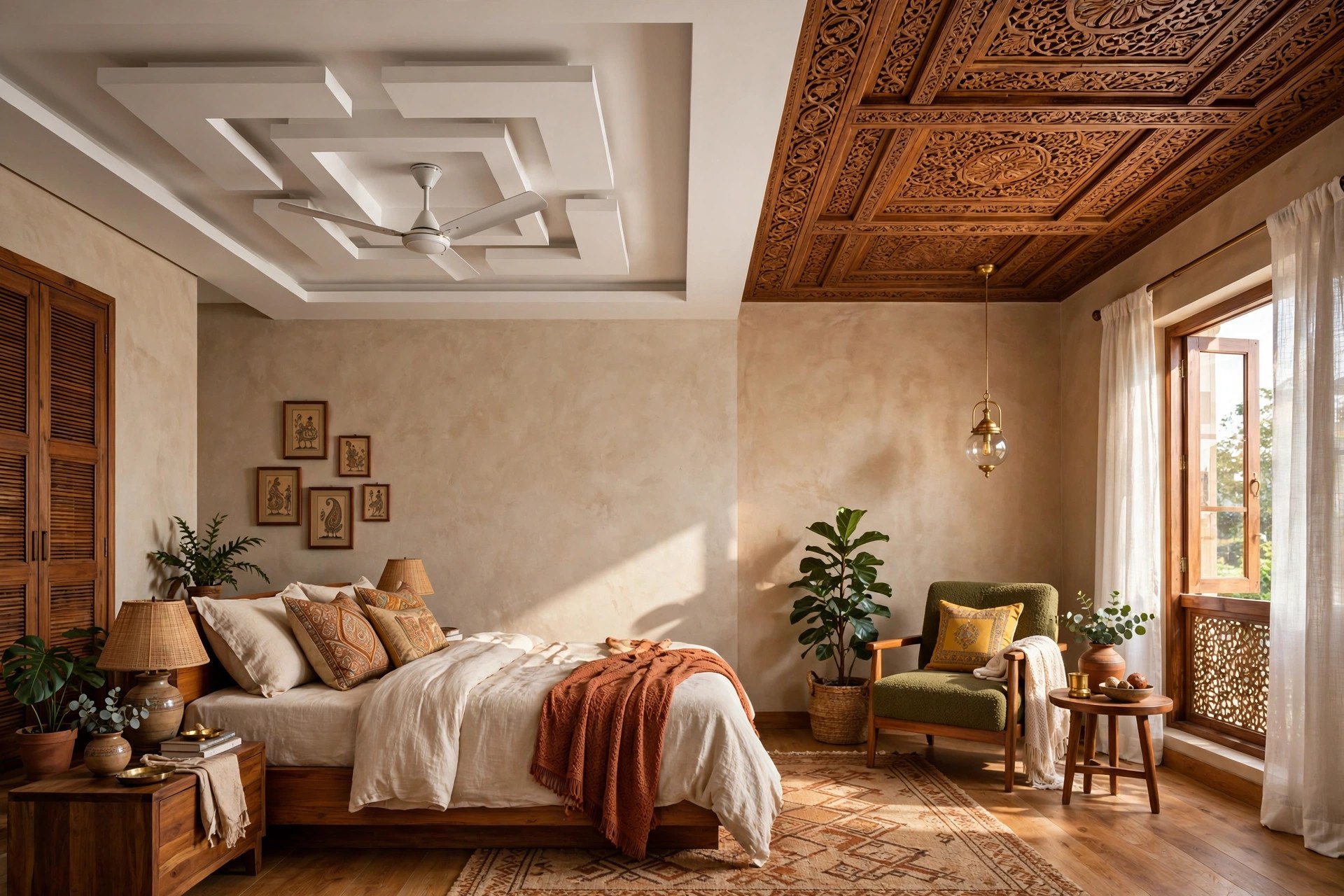 Large bedroom with a split ceiling: a tray with fan above the bed and a pendant light over a seating zone