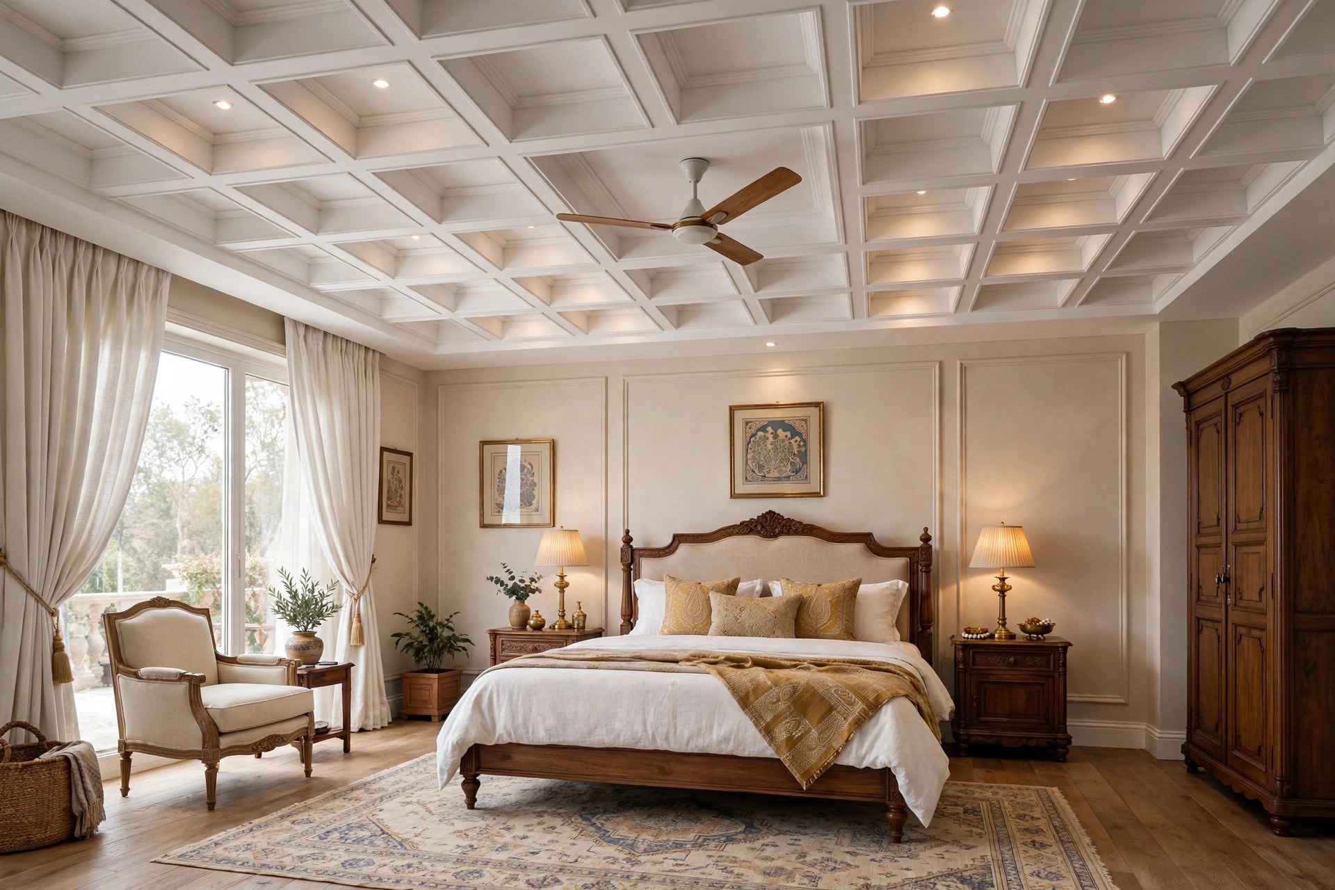 Master bedroom with a coffered grid false ceiling and a ceiling fan in the central panel