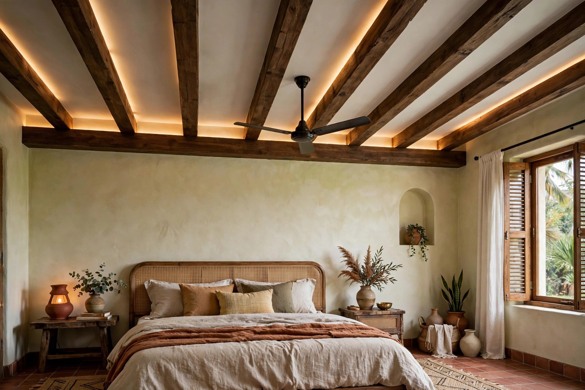 Bedroom with wooden rafter beams over a POP base, a ceiling fan hanging between two beams