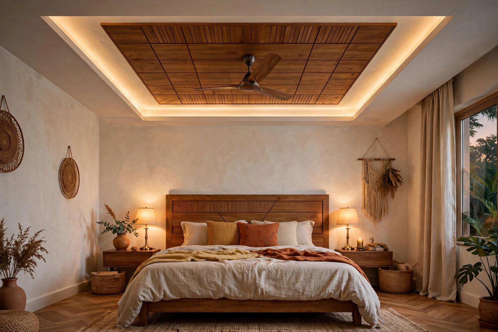 Bedroom with a wooden centre ceiling panel holding a fan, surrounded by a gypsum border with cove light