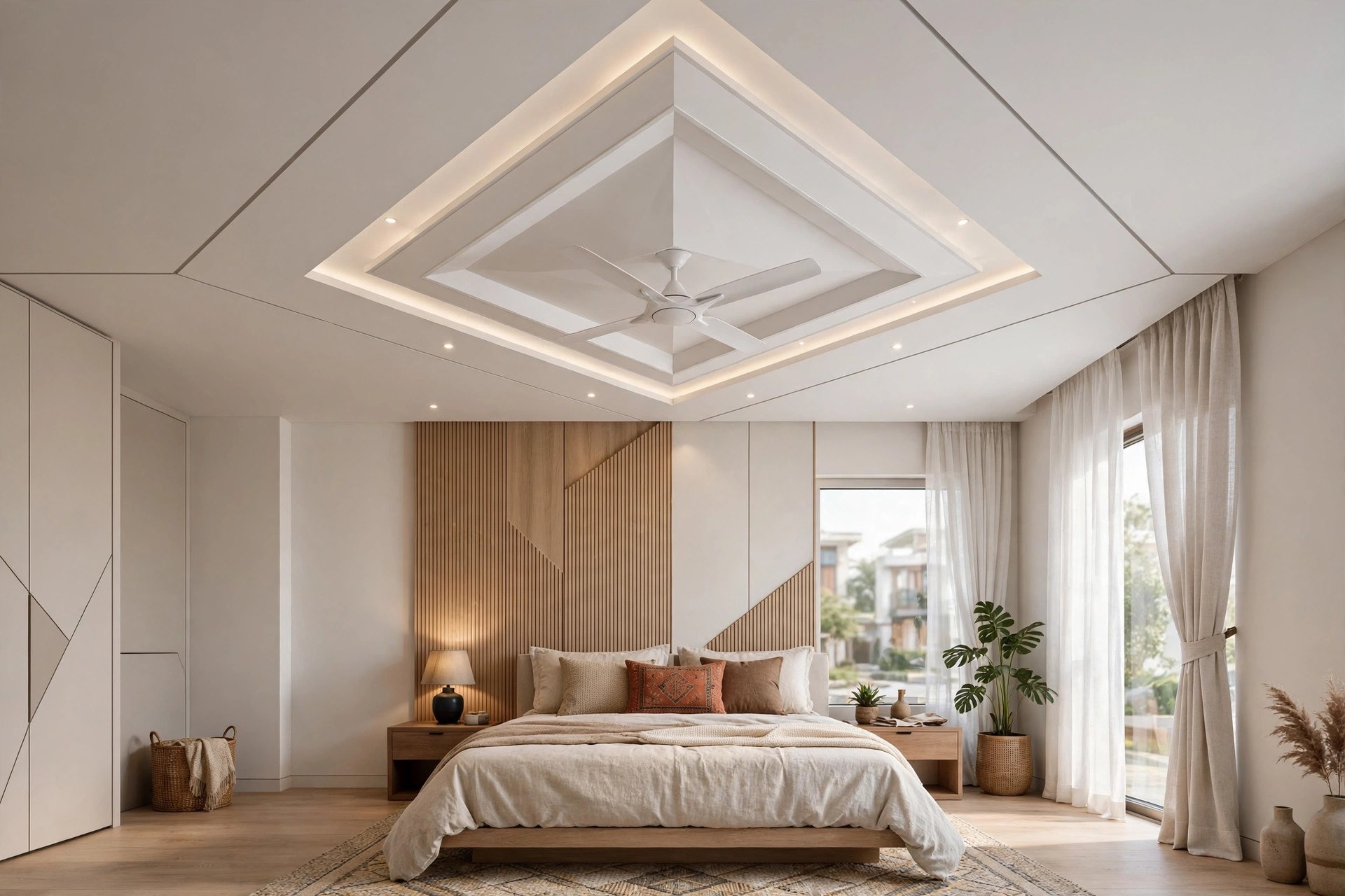 Bedroom with a raised diamond-shaped POP ceiling panel and a ceiling fan at its centre
