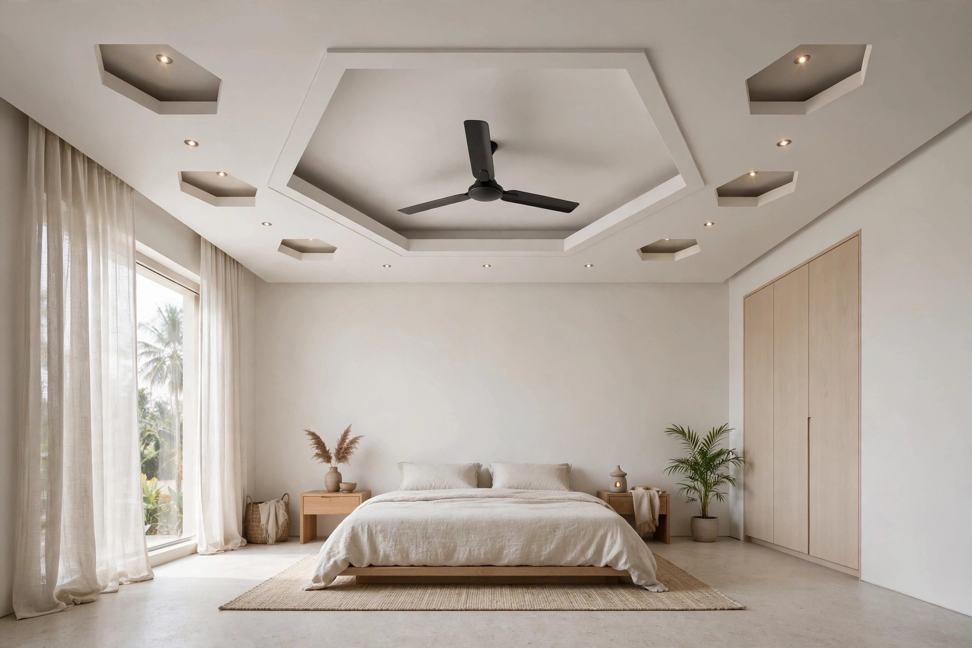 Minimalist bedroom with a hexagonal gypsum ceiling recess framing a ceiling fan