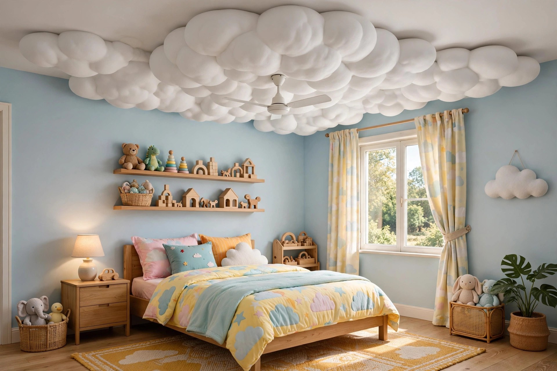 Kids bedroom with a cloud-shaped POP false ceiling and a ceiling fan at the centre