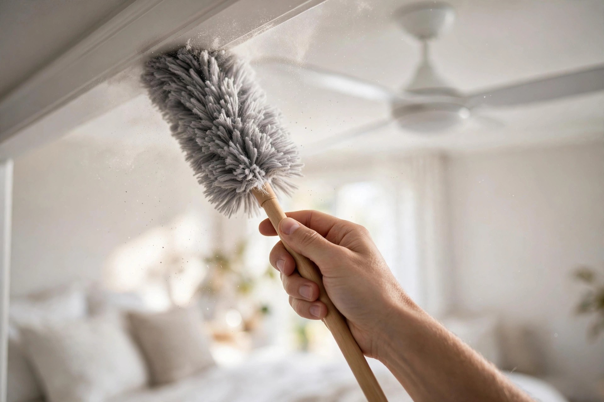 Hand with a long duster cleaning dust from a ceiling tray edge near a ceiling fan