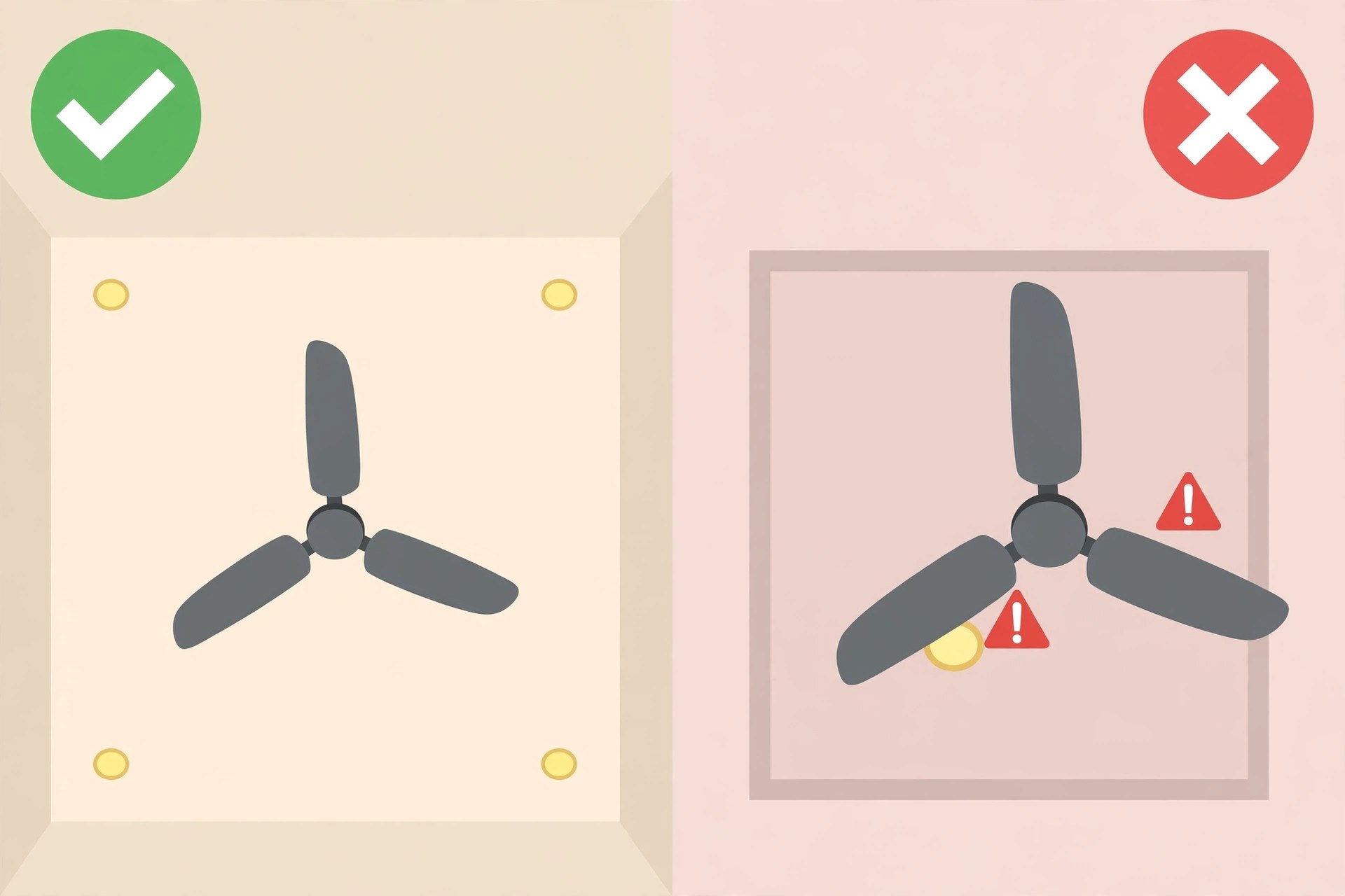 Illustration of common mistakes: fan too close to a tray edge and a downlight inside the blade sweep