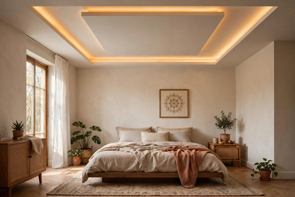 Square bedroom with a centred square tray false ceiling, warm cove light and a low bed below