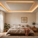 Square bedroom with a centred square tray false ceiling, warm cove light and a low bed below