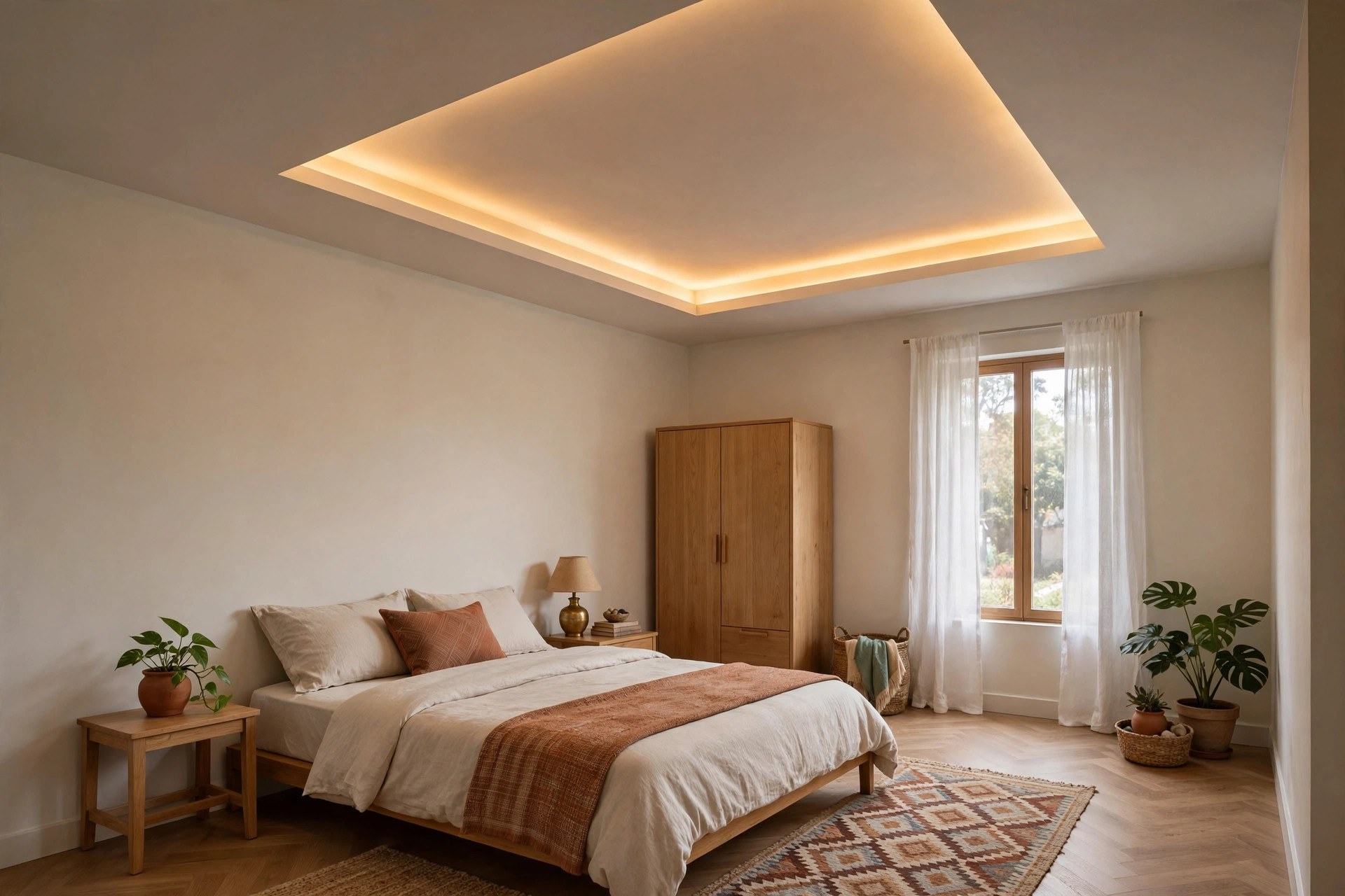 Square bedroom with one centred square tray ceiling and cove lighting
