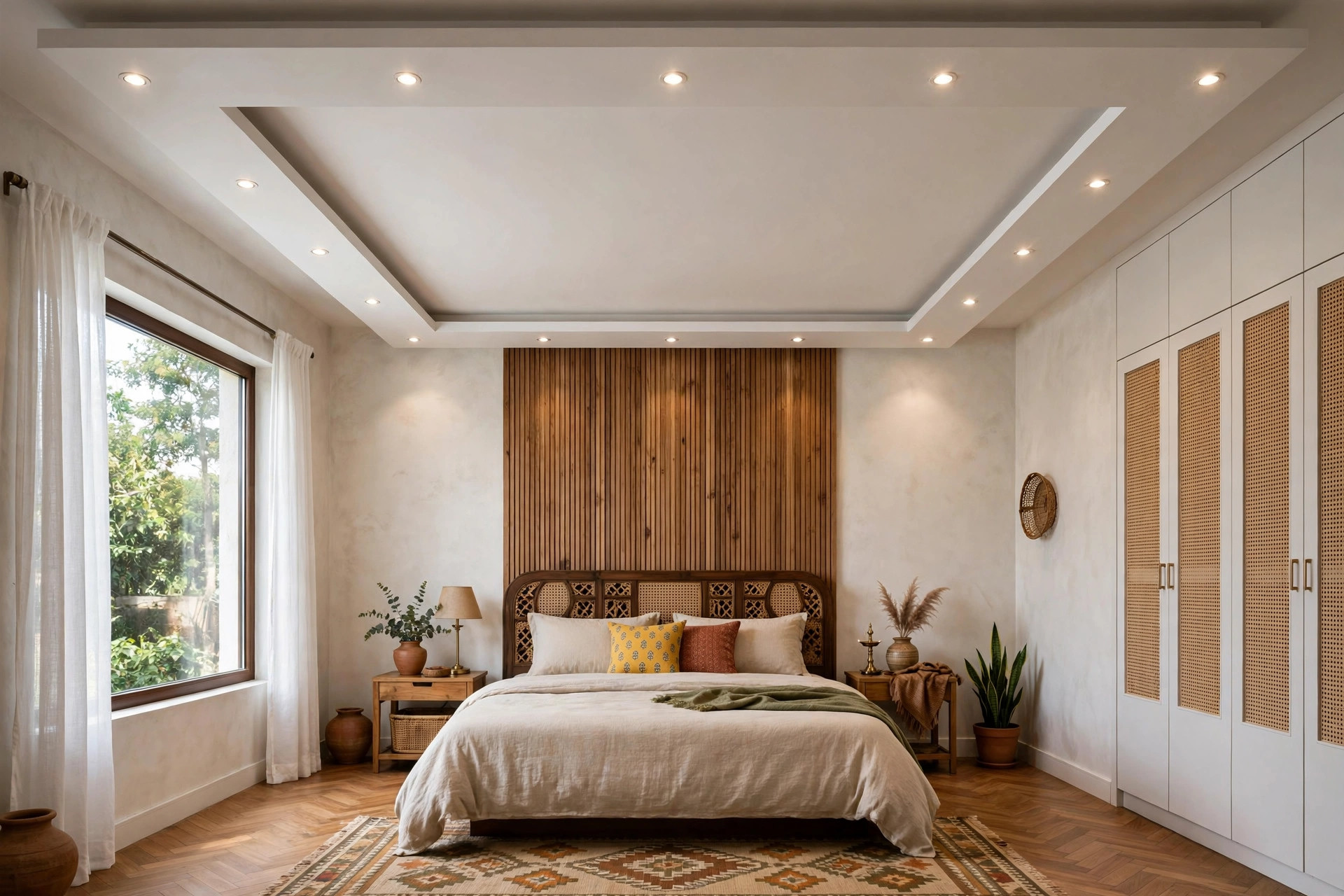Square bedroom with a peripheral square border ceiling and recessed spotlights