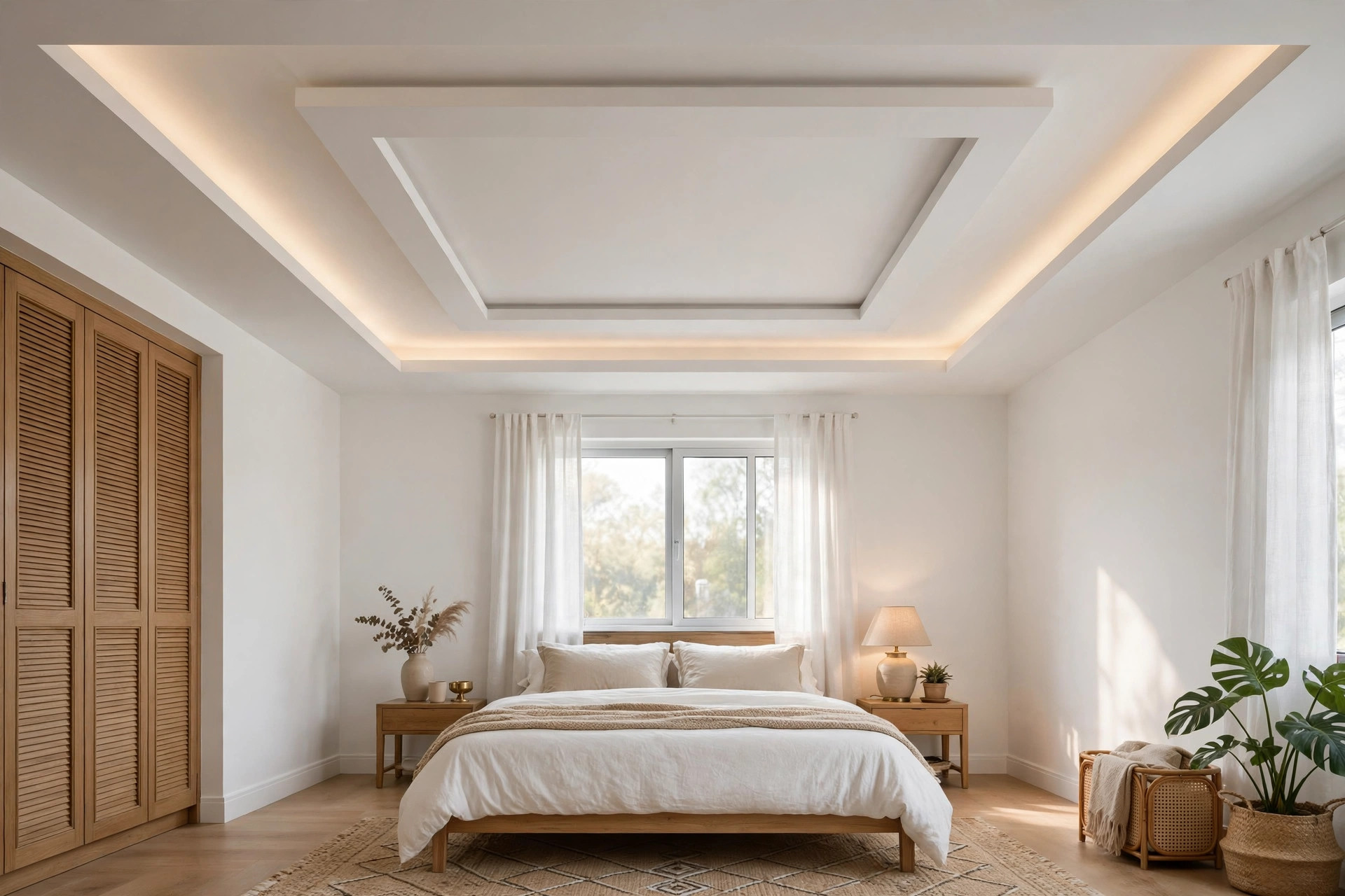 Square master bedroom with a plus-minus two-level square ceiling