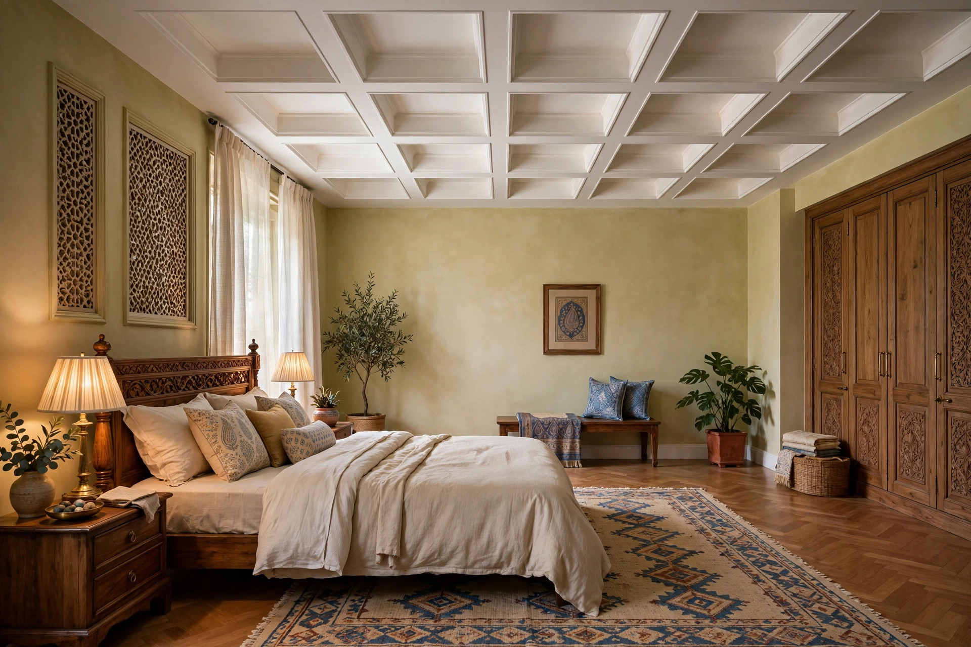 Large square bedroom with a coffered grid false ceiling