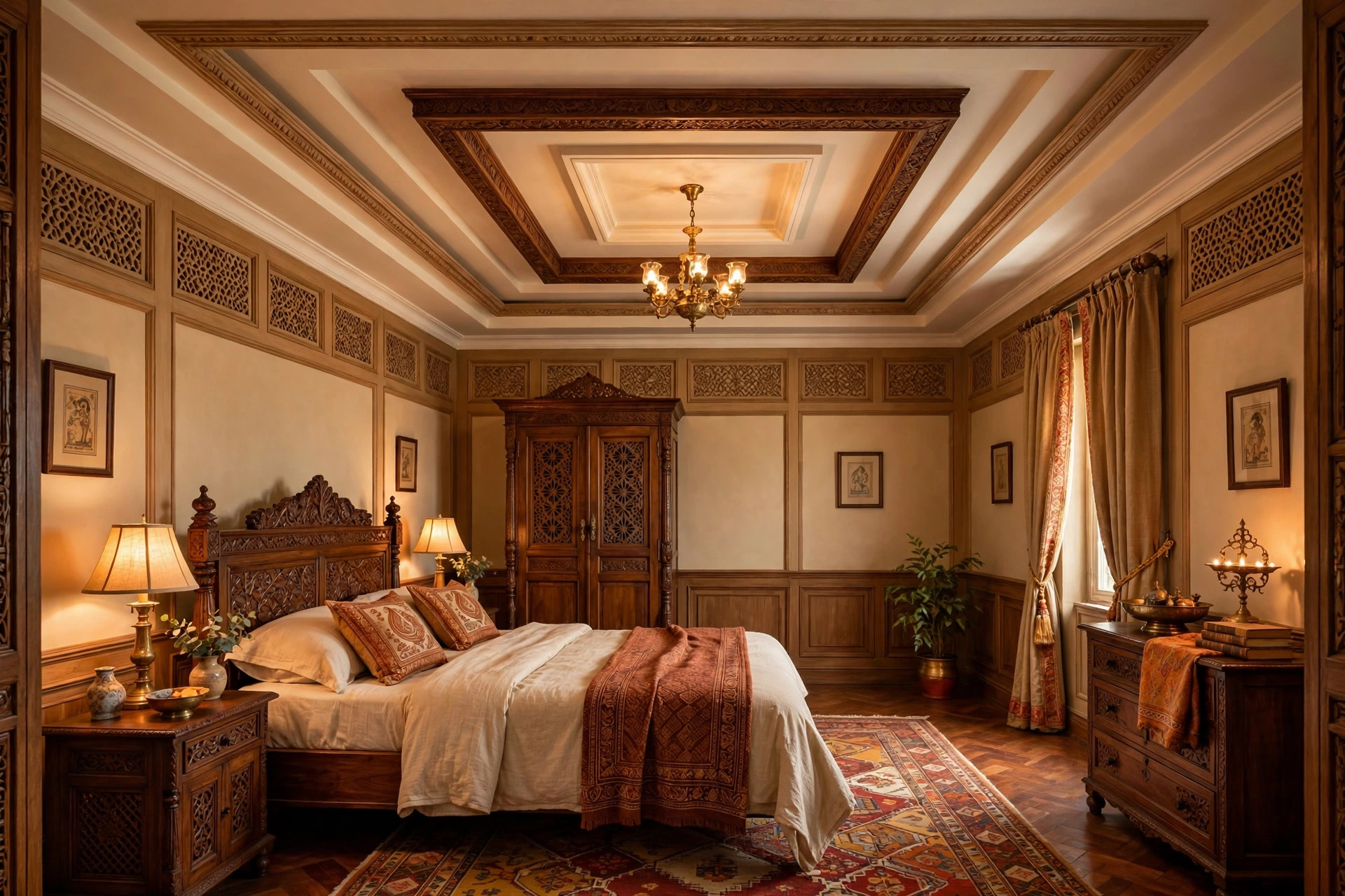 Square bedroom with a double concentric square frame ceiling