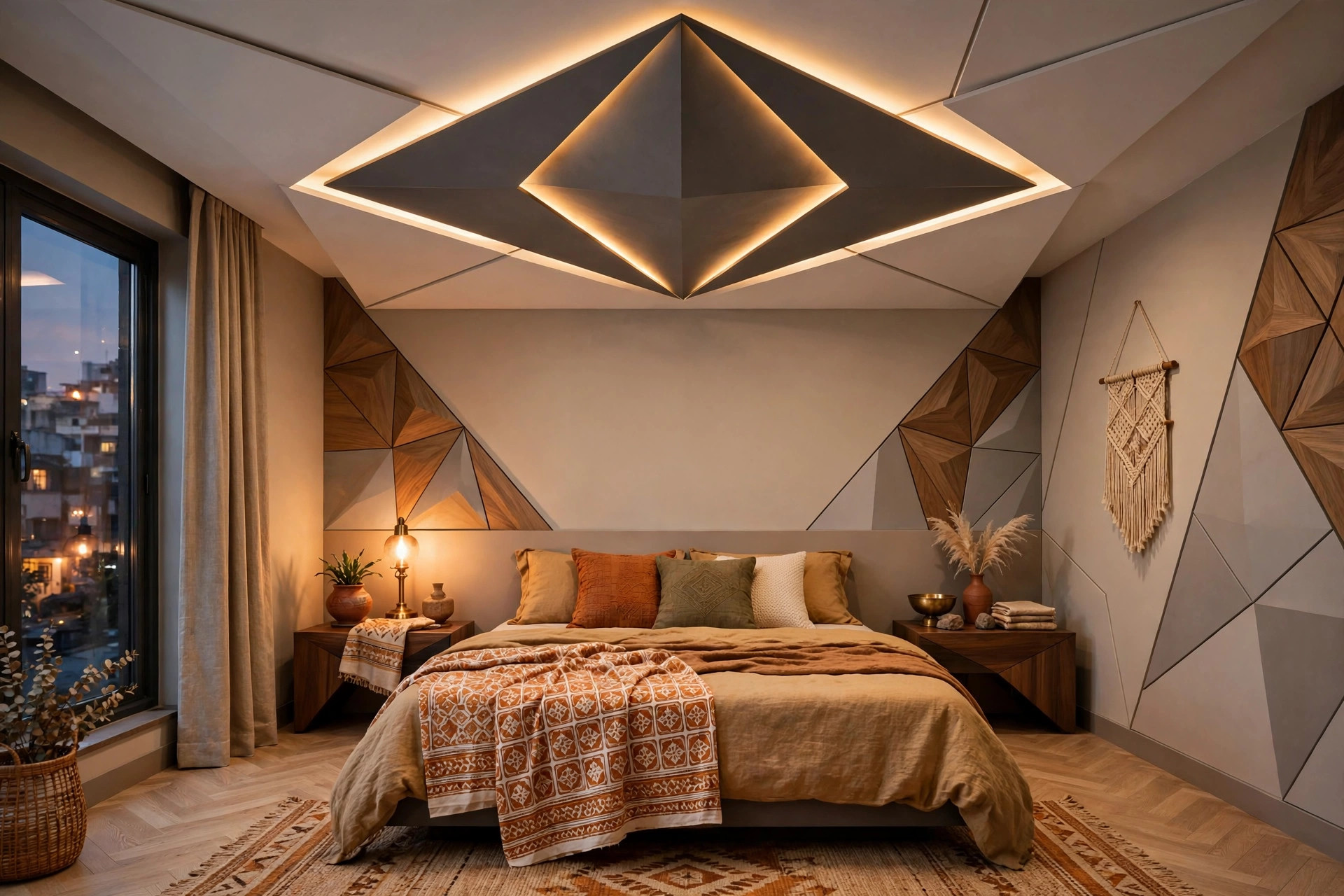 Square bedroom with a diamond-shaped ceiling panel at the centre