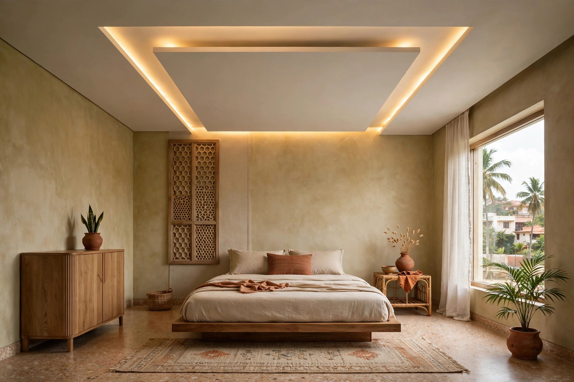 Square bedroom with a floating square ceiling panel outlined by LED strip