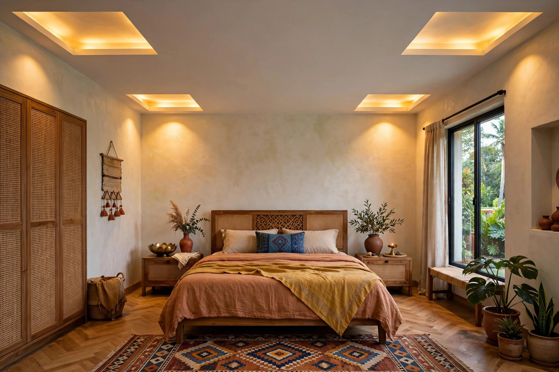 Square bedroom with cove-lit corner ceiling sections