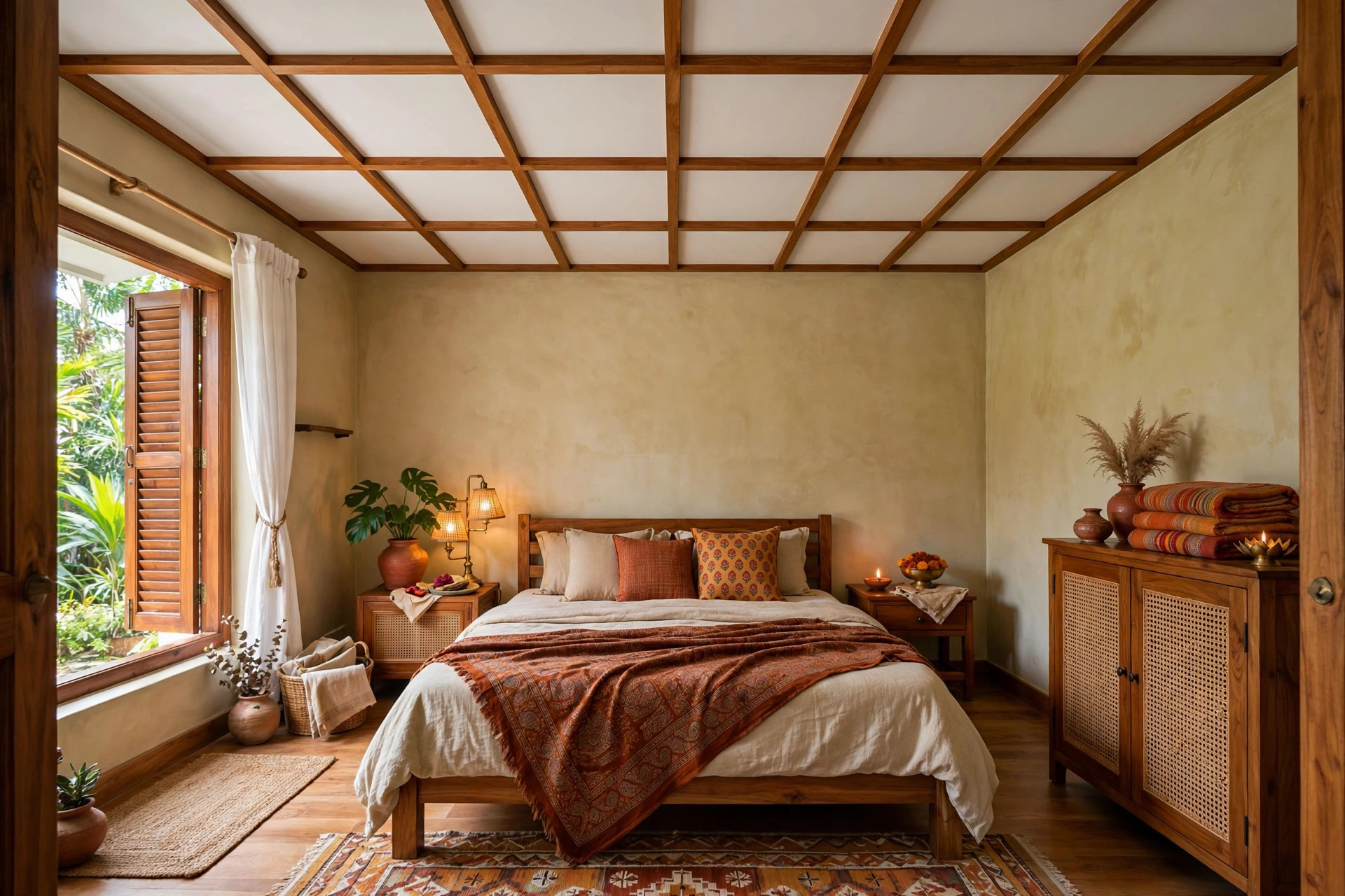 Square bedroom with slim wooden beam grid over a flat ceiling