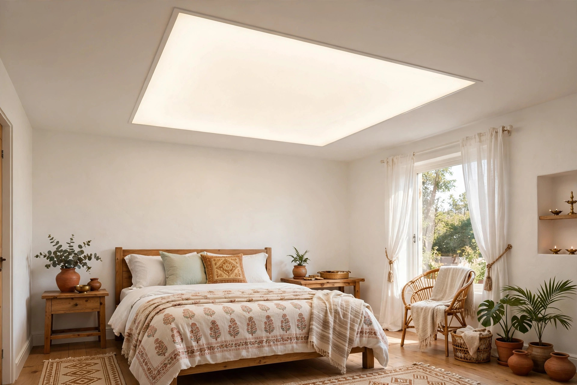 Square bedroom with a backlit luminous square ceiling panel