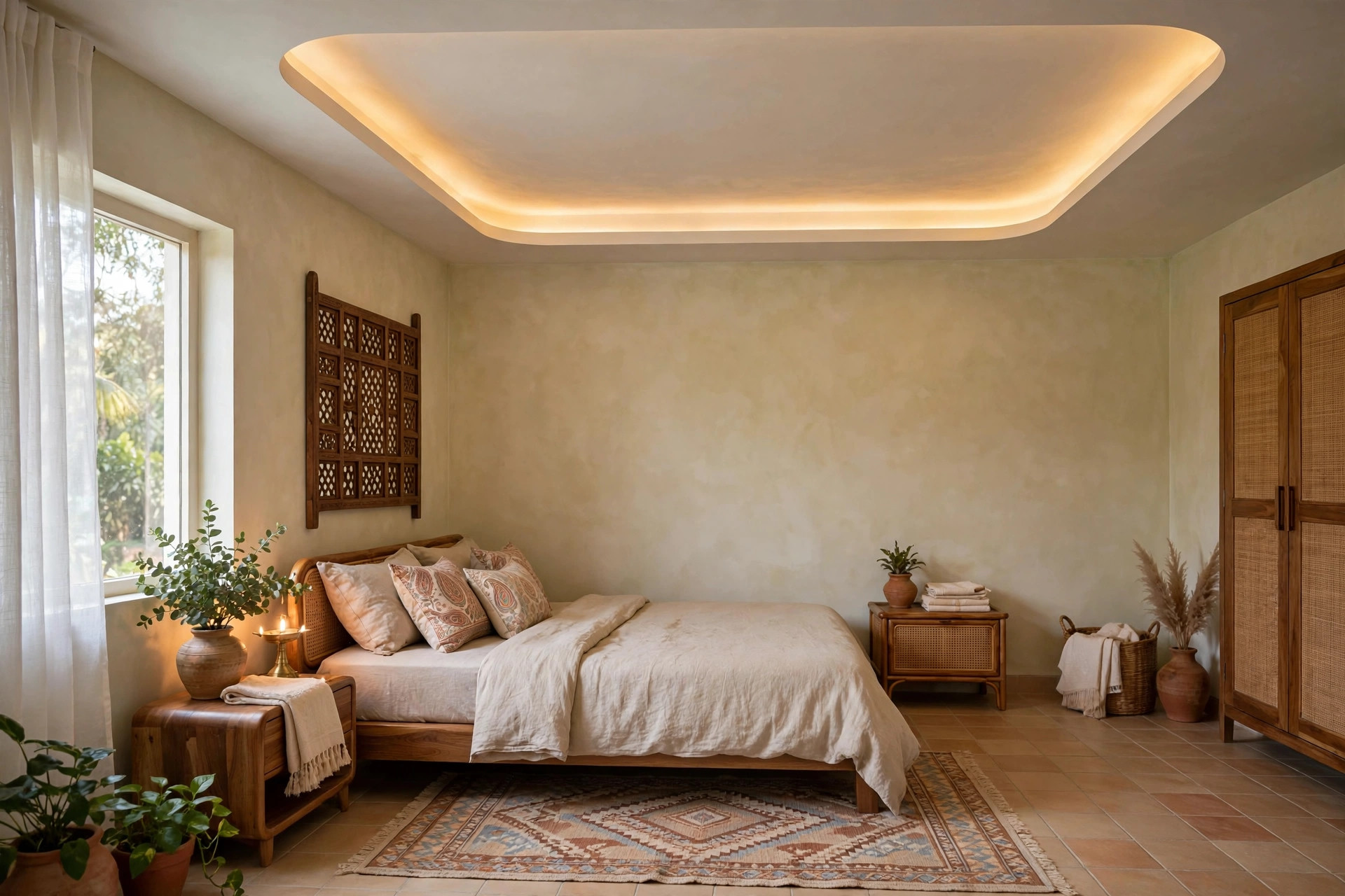 Square bedroom with softly rounded tray corners and warm lighting