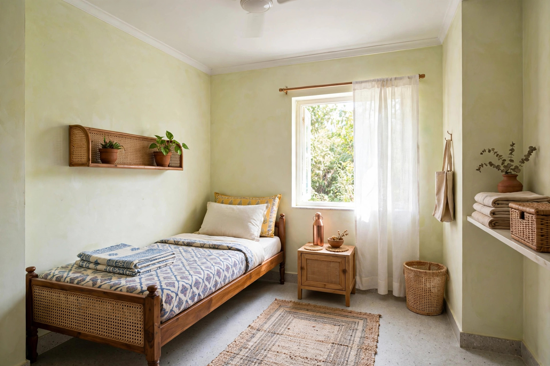 Small square bedroom with a flat white ceiling and slim border