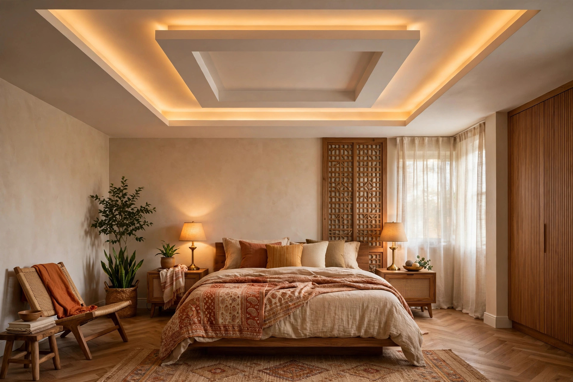 Medium square bedroom with a centred tray ceiling and warm cove light