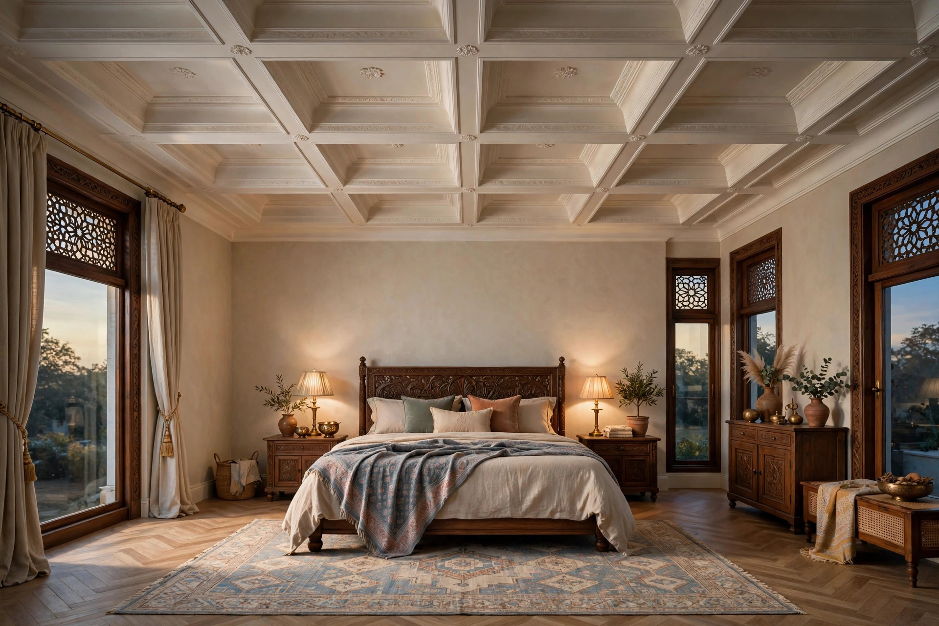 Large square bedroom with a scaled-up coffered ceiling