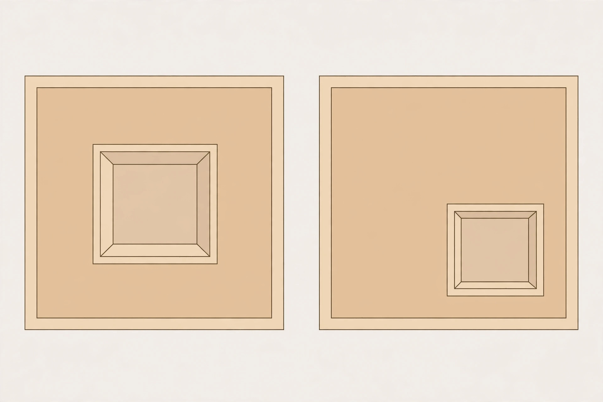 Diagram comparing a correctly centred tray with an off-centre tray in a square room