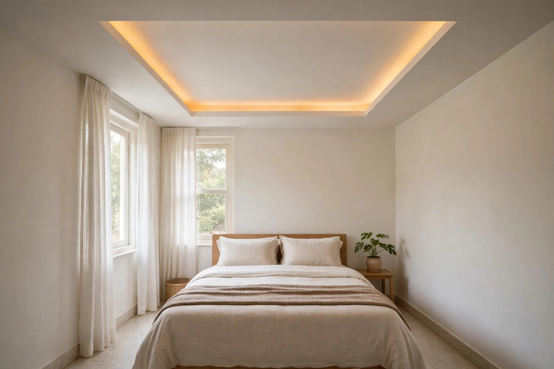 Small bedroom with white tray ceiling and warm cove lighting above a bed