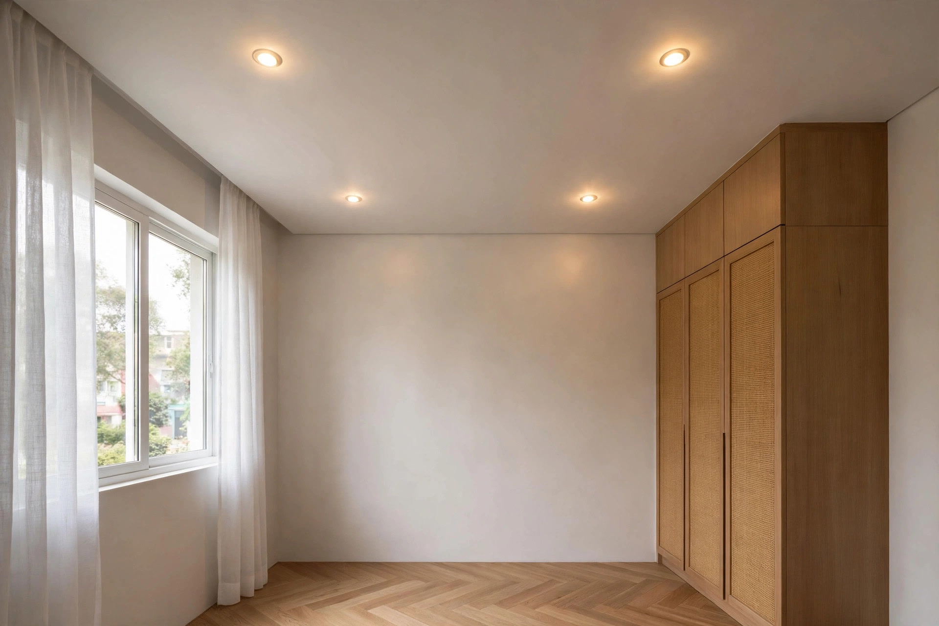 Flat white gypsum ceiling with recessed spotlights in a small bedroom
