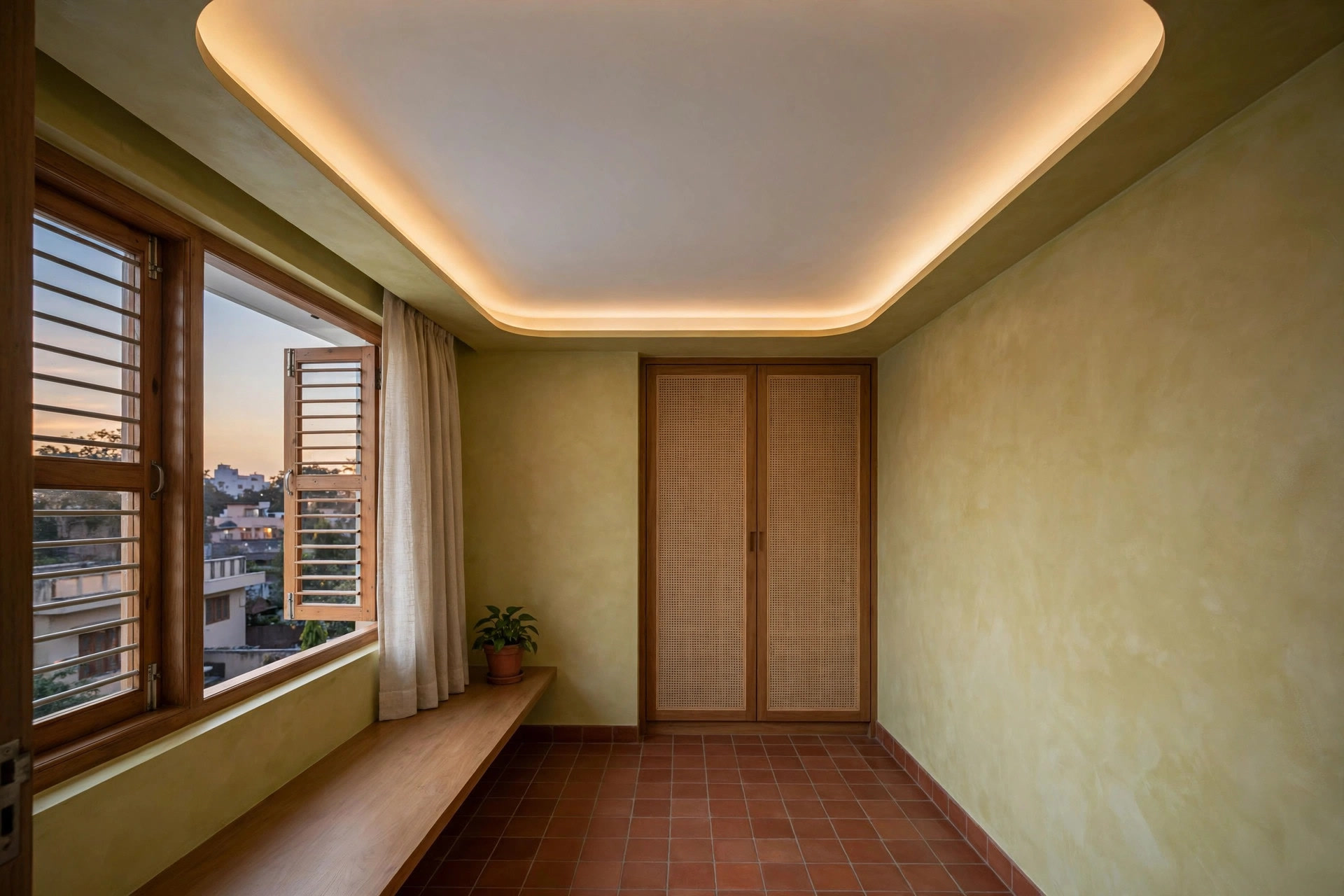 Perimeter border ceiling with hidden warm LED cove light in a small bedroom