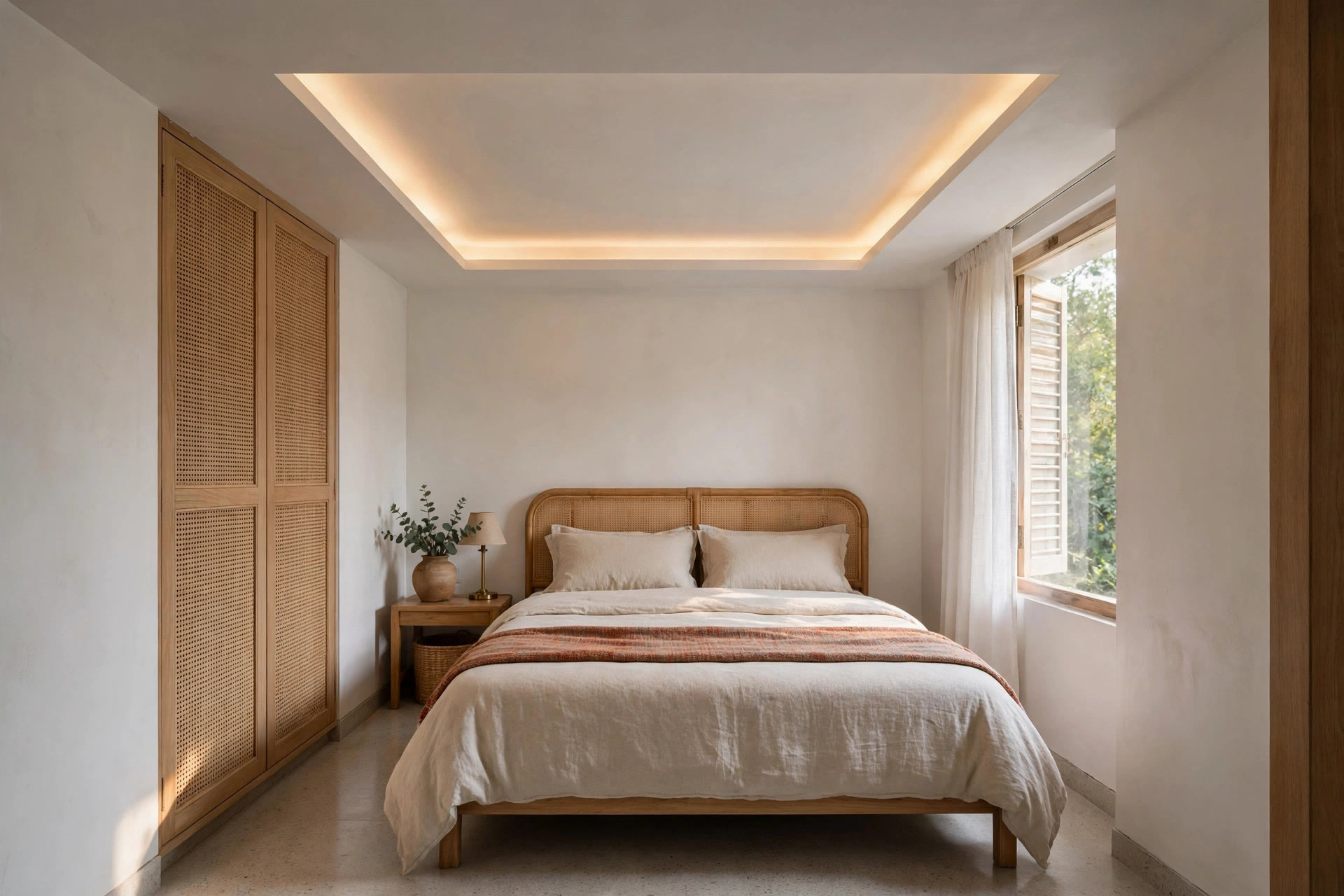 Shallow tray ceiling recessed above the bed zone in a compact bedroom