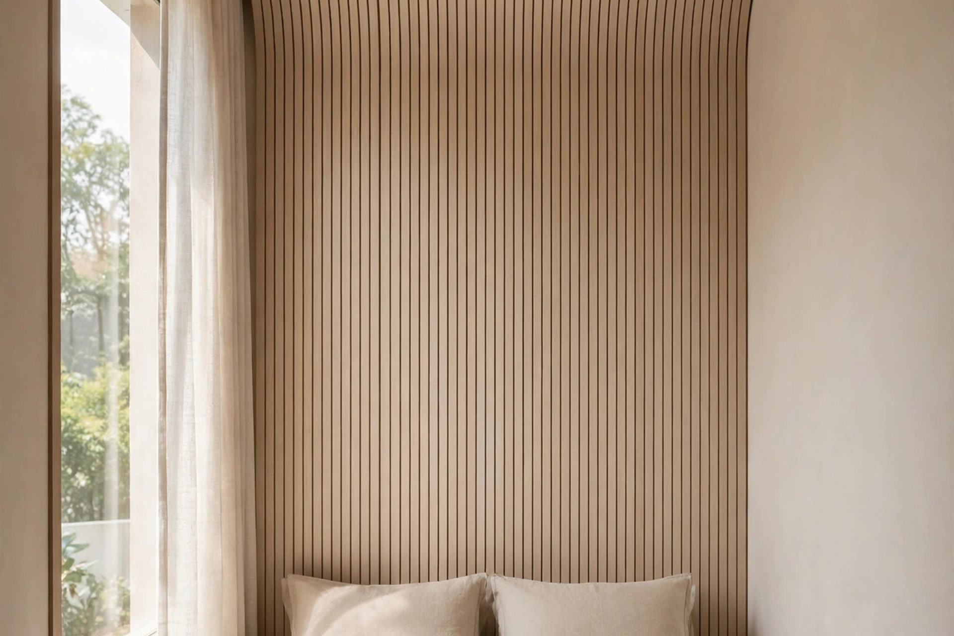 Wood panels flowing from the headboard wall onto the ceiling behind a bed