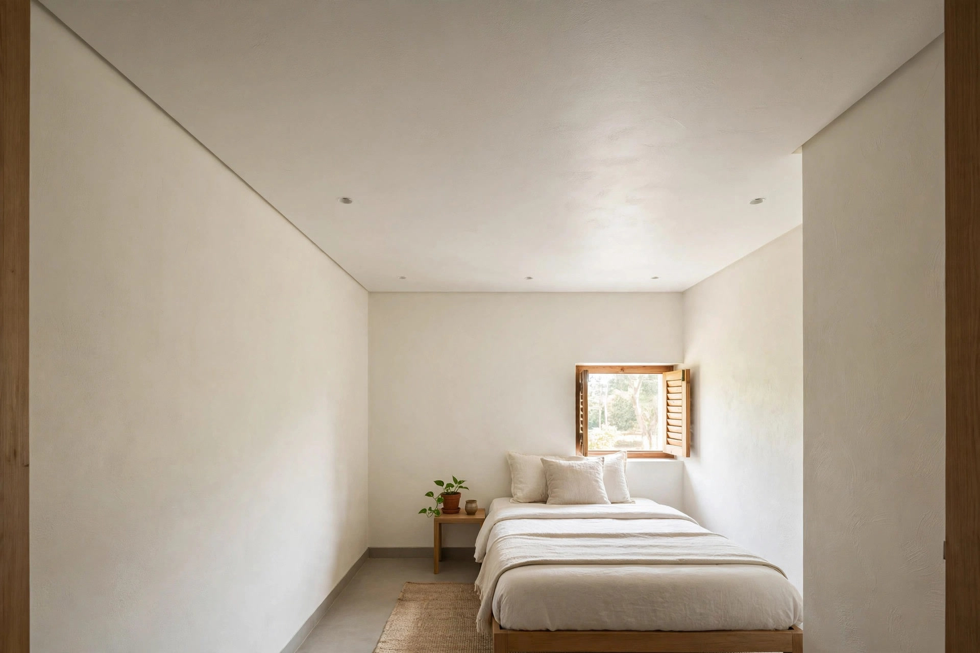Bright matte white ceiling making a compact bedroom feel taller