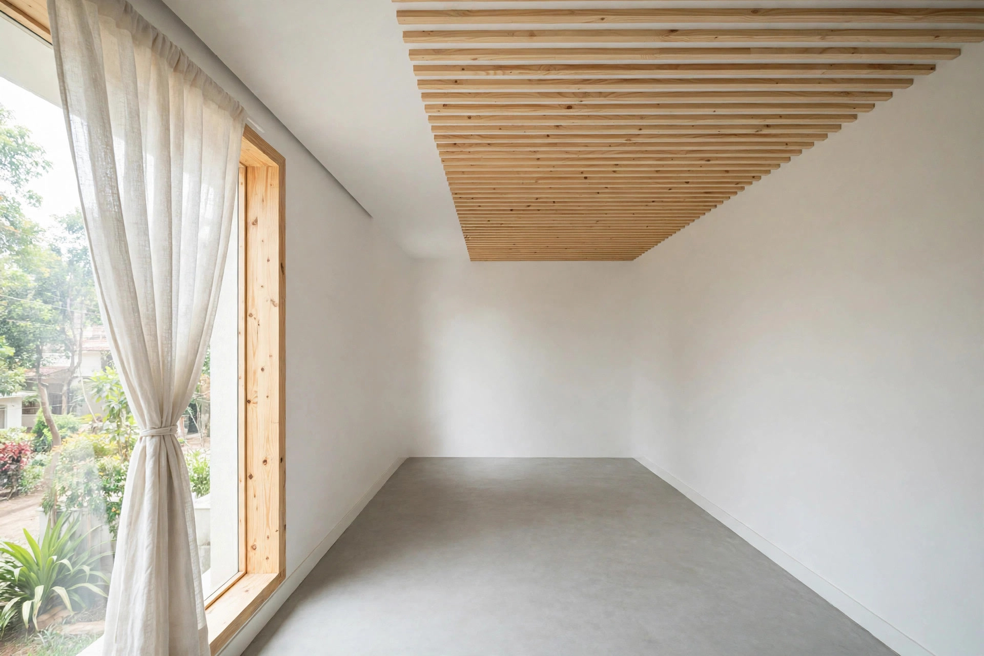 Light wood slats running lengthwise across a small bedroom ceiling