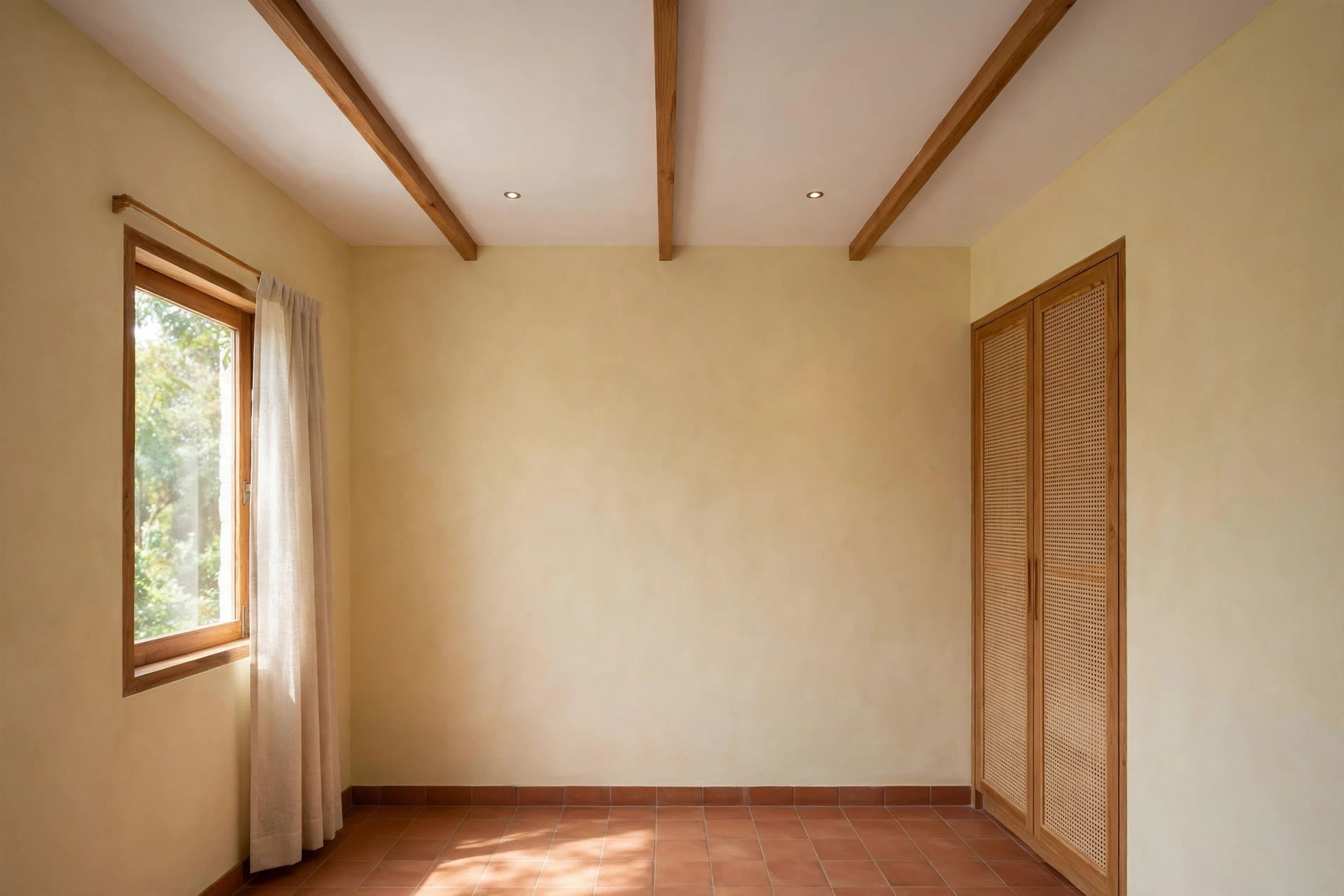 Slim wooden beams with spotlights on a white small-bedroom ceiling