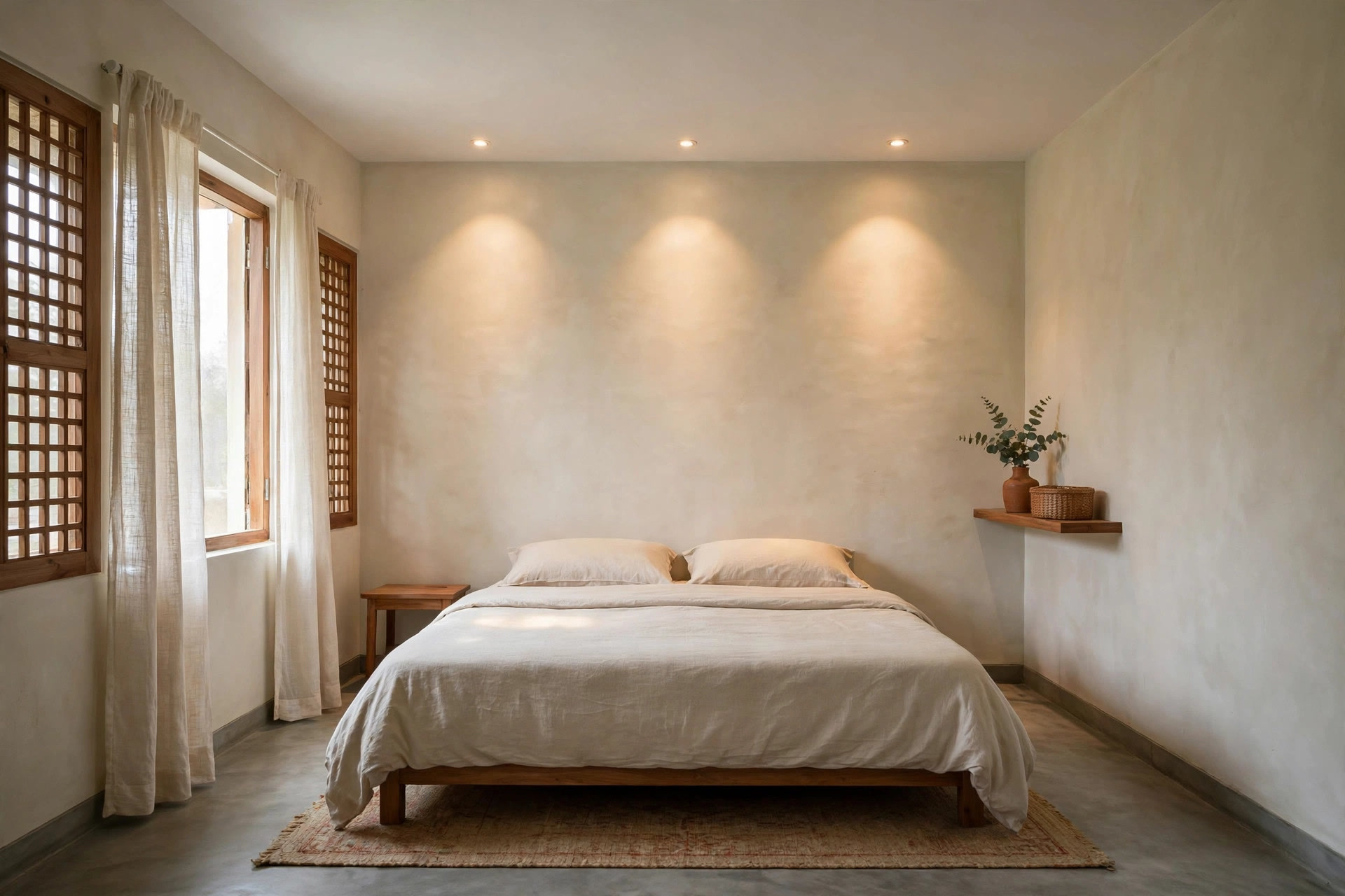 Recessed spotlights in a ceiling aimed over a bed for reading light