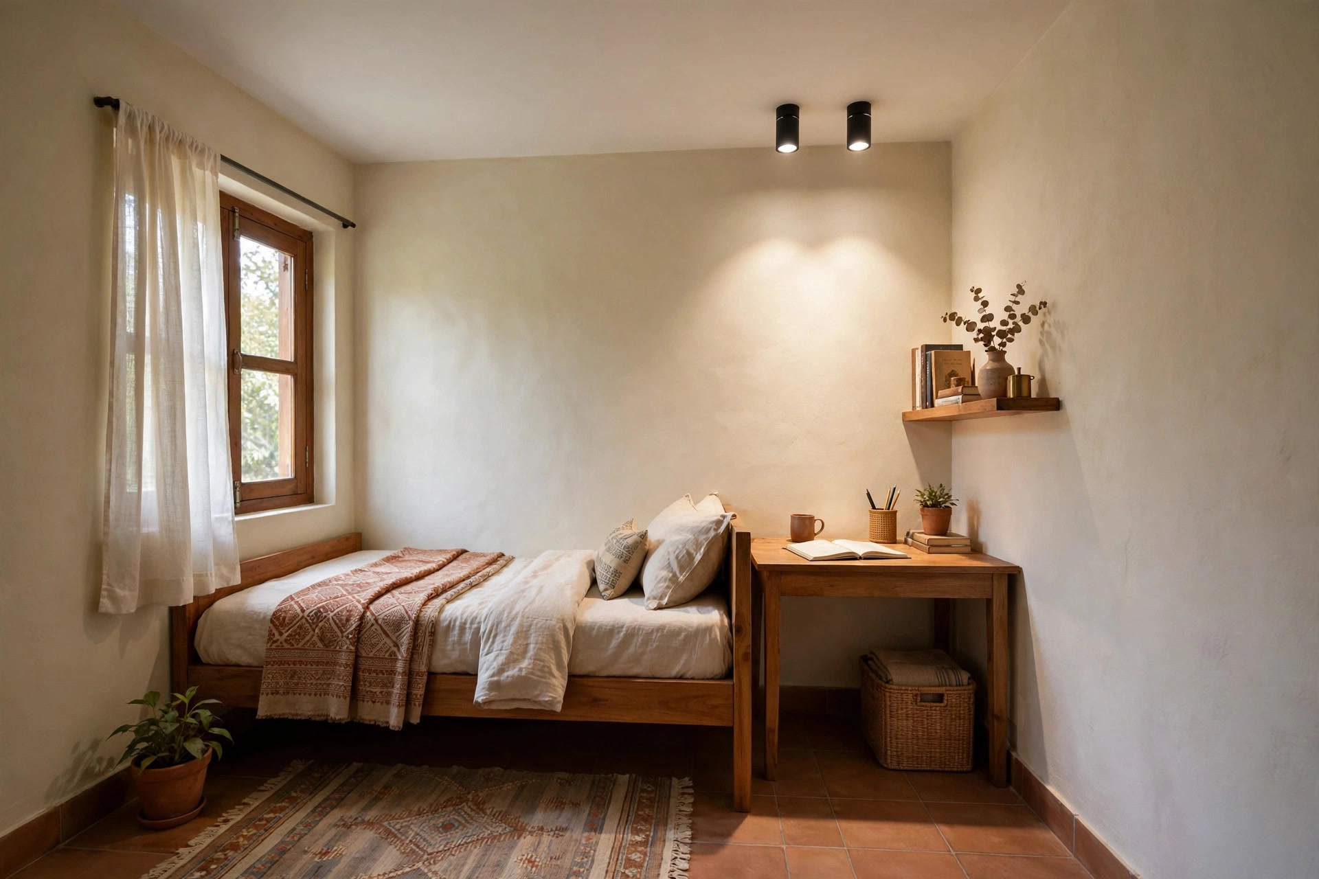 Study desk corner in a small bedroom lit by ceiling spotlights